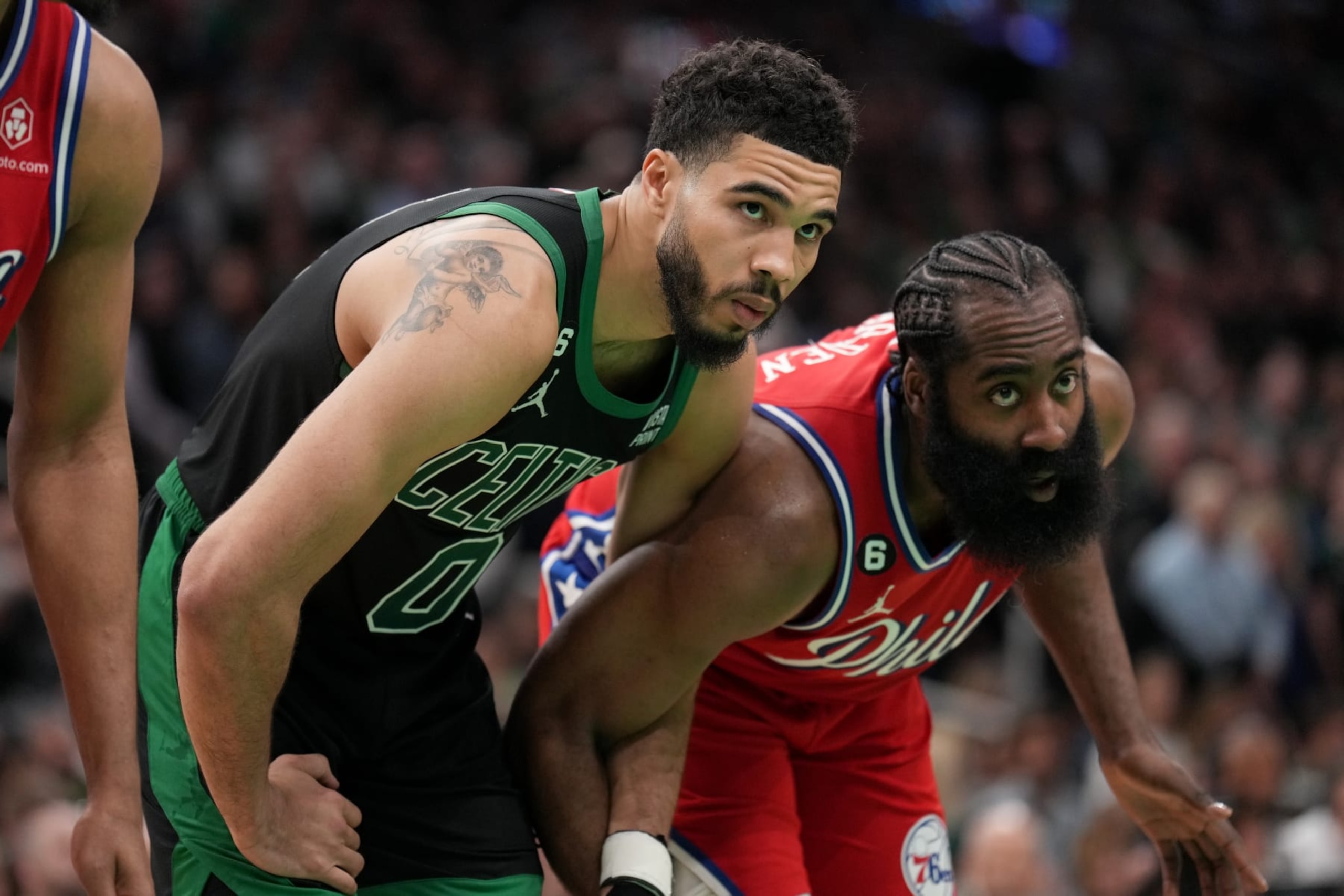 BOSTON, MA - MAY 1: Jayson Tatum #0 of the Boston Celtics and James Harden #1 of the Philadelphia 76ers look on during Round 2 Game 1 of the 2023 NBA Playoffs on May 1, 2023 at the TD Garden in Boston, Massachusetts. NOTE TO USER: User expressly acknowledges and agrees that, by downloading and or using this photograph, User is consenting to the terms and conditions of the Getty Images License Agreement. Mandatory Copyright Notice: Copyright 2023 NBAE  (Photo by Jesse D. Garrabrant/NBAE via Getty Images)