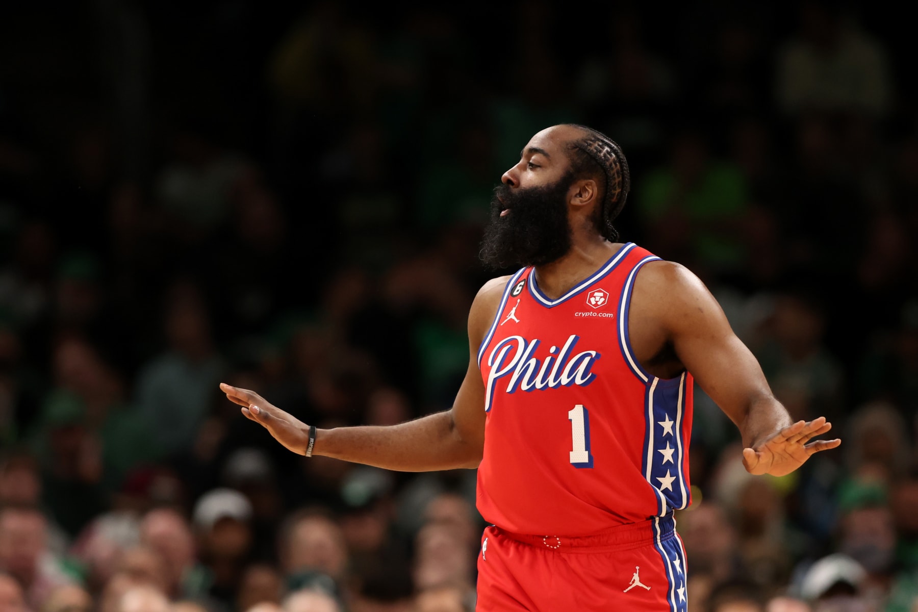 BOSTON, MASSACHUSETTS - MAY 01: James Harden #1 of the Philadelphia 76ers disputes a foul called against him during the first quarter in game one of the Eastern Conference Second Round Playoffs  at TD Garden on May 01, 2023 in Boston, Massachusetts. NOTE TO USER: User expressly acknowledges and agrees that, by downloading and or using this photograph, User is consenting to the terms and conditions of the Getty Images License Agreement.  (Photo by Maddie Meyer/Getty Images)