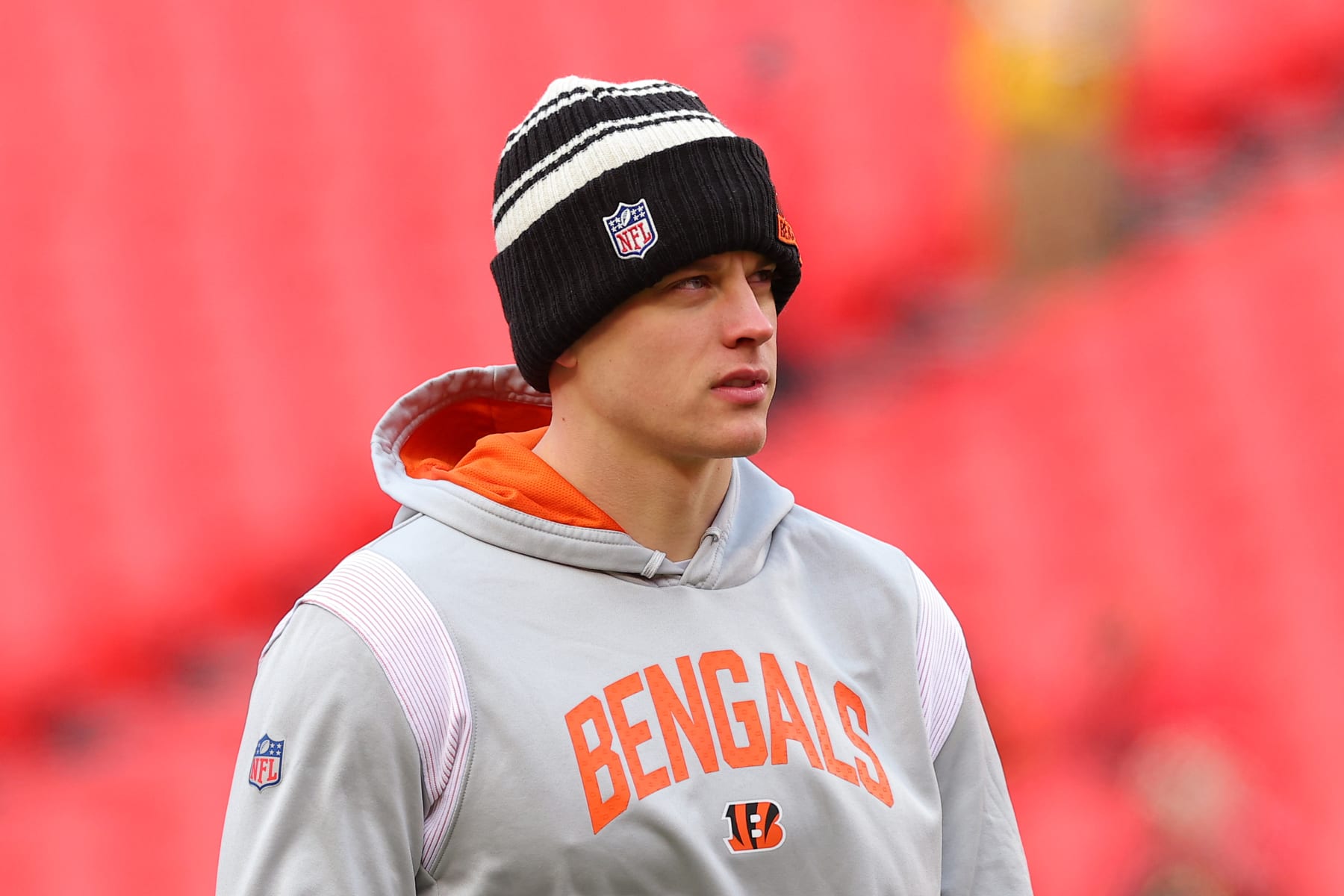KANSAS CITY, MISSOURI - JANUARY 29: Joe Burrow #9 of the Cincinnati Bengals warms up prior to the AFC Championship Game against the Kansas City Chiefs at GEHA Field at Arrowhead Stadium on January 29, 2023 in Kansas City, Missouri. (Photo by Kevin C. Cox/Getty Images)