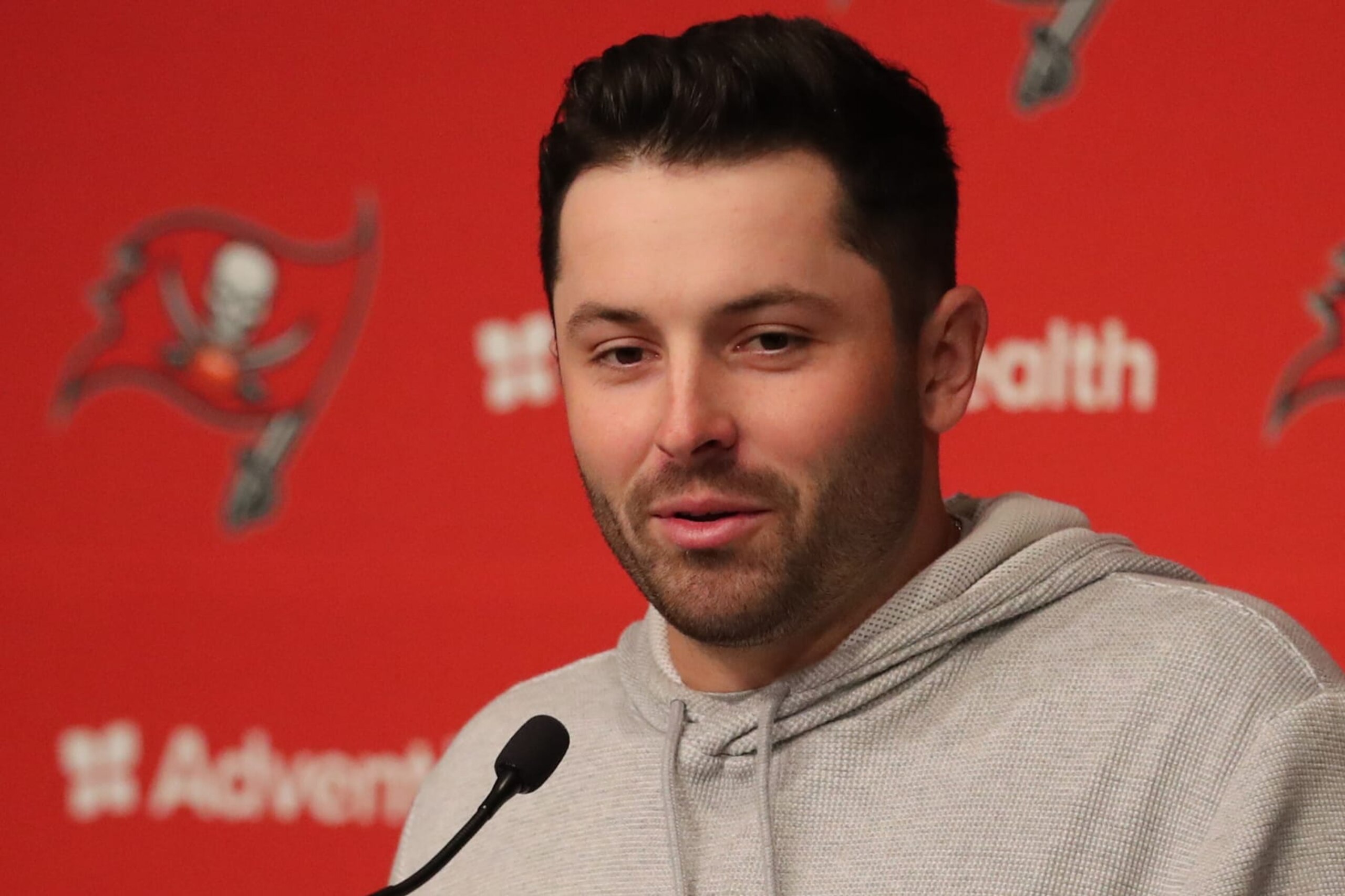 TAMPA, FL - MARCH 20: Tampa Bay Buccaneers newly signed Quarterback Baker Mayfield addresses the media on March 20, 2023 at AdventHealth Training Center in Tampa,FL. (Photo by Cliff Welch/Icon Sportswire via Getty Images)