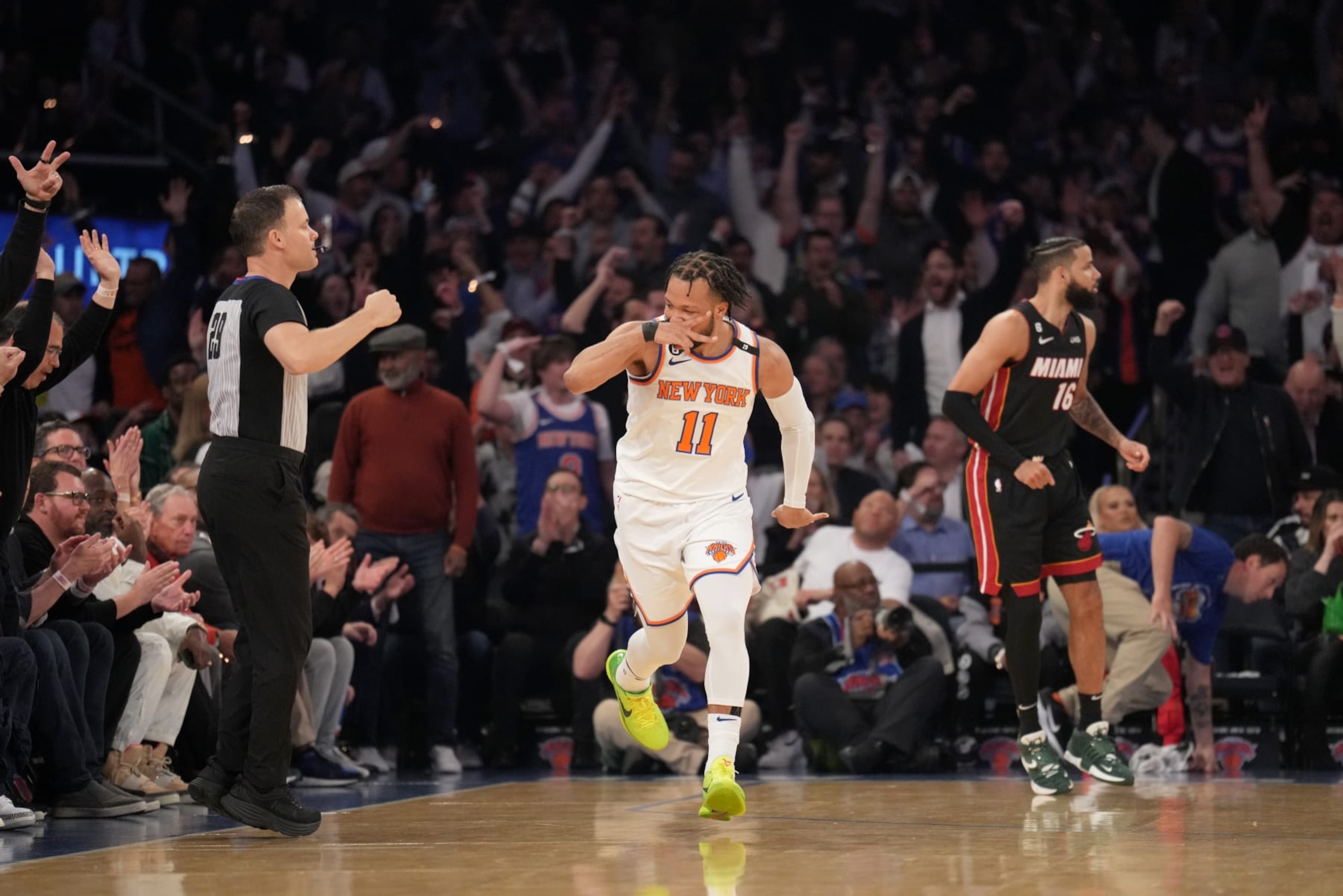 NEW YORK, NY - MAY 2: Jalen Brunson #11 of the New York Knicks celebrates a play during the game against the Miami Heat during Game Two of the Eastern Conference Semi-Finals of the 2023 NBA Playoffs on May 2, 2023 at Madison Square Garden in New York City, New York.  NOTE TO USER: User expressly acknowledges and agrees that, by downloading and or using this photograph, User is consenting to the terms and conditions of the Getty Images License Agreement. Mandatory Copyright Notice: Copyright 2023 NBAE  (Photo by Jesse D. Garrabrant/NBAE via Getty Images)