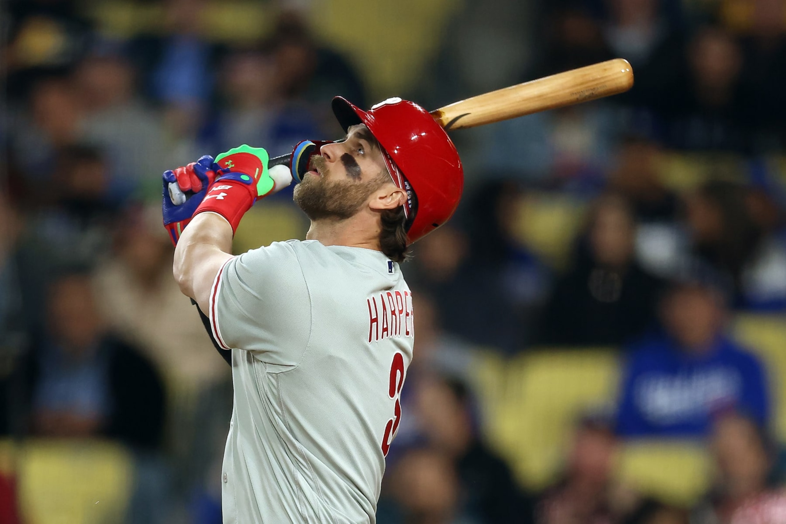 LOS ANGELES, CALIFORNIA - MAY 02: Bryce Harper #3 of the Philadelphia Phillies watches the ball after an at bat during the fourth inning against the Los Angeles Dodgers at Dodger Stadium on May 02, 2023 in Los Angeles, California. (Photo by Katelyn Mulcahy/Getty Images)