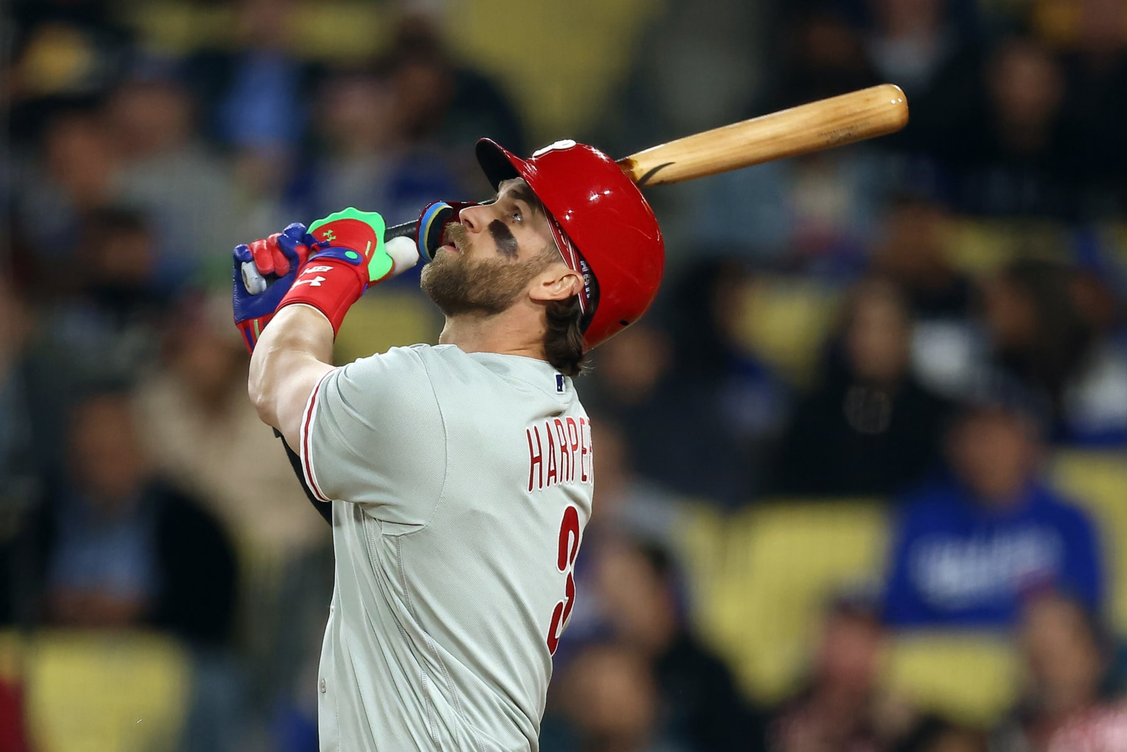 LOS ANGELES, CALIFORNIA - MAY 02: Bryce Harper #3 of the Philadelphia Phillies watches the ball after an at bat during the fourth inning against the Los Angeles Dodgers at Dodger Stadium on May 02, 2023 in Los Angeles, California. (Photo by Katelyn Mulcahy/Getty Images)