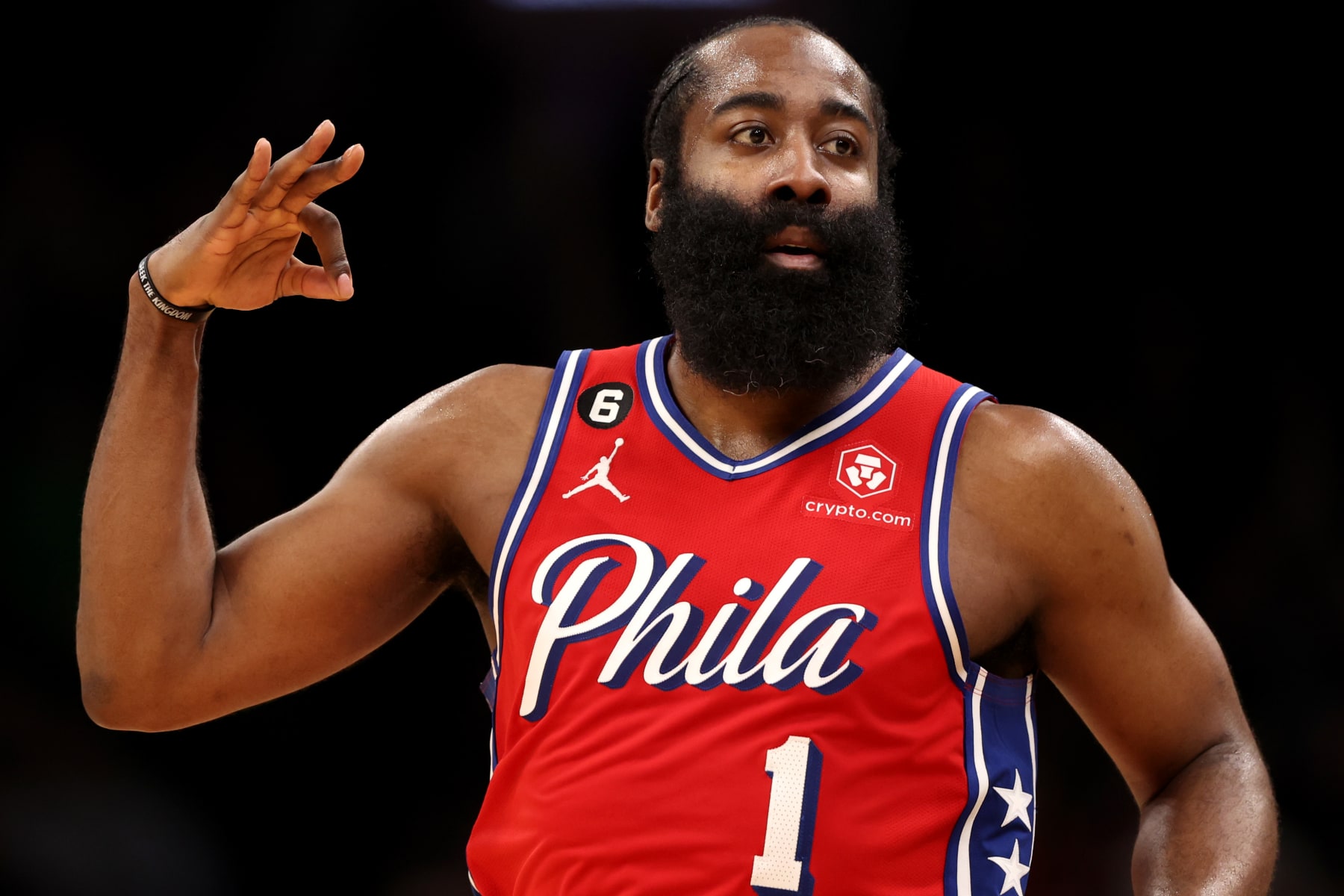 BOSTON, MASSACHUSETTS - MAY 01: James Harden #1 of the Philadelphia 76ers celebrates after hitting a three point shot against the Philadelphia 76ers during the second half in game one of the Eastern Conference Second Round Playoffs  at TD Garden on May 01, 2023 in Boston, Massachusetts. The 76ers defeat the Celtics 119-115.  NOTE TO USER: User expressly acknowledges and agrees that, by downloading and or using this photograph, User is consenting to the terms and conditions of the Getty Images License Agreement.  (Photo by Maddie Meyer/Getty Images)
