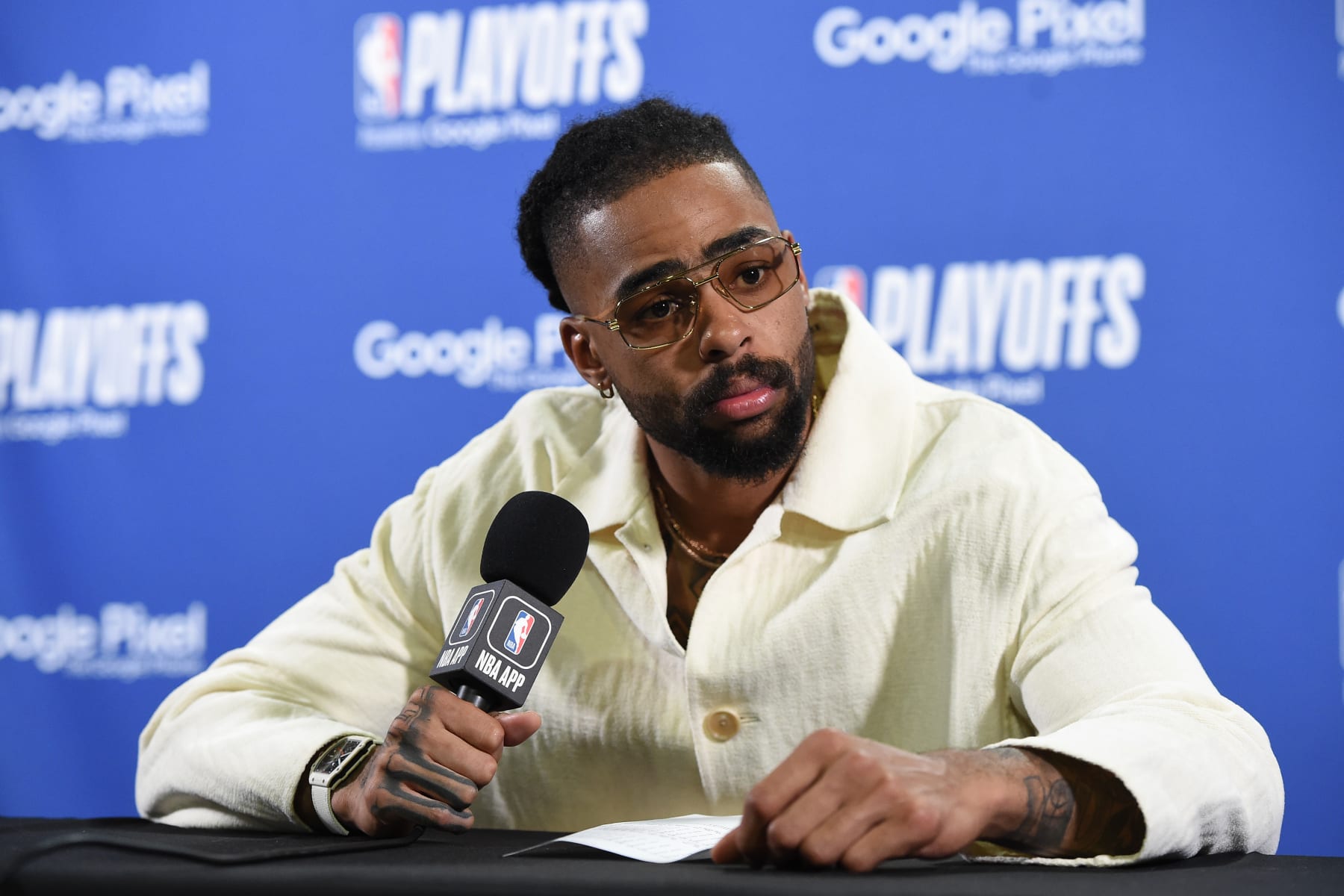 LOS ANGELES, CA - May 2: D'Angelo Russell #1 of the Los Angeles Lakers talks to the media after Game 1 of the Western Conference Semi-Finals 2023 NBA Playoffs on May 2, 2023 at Crypto.Com Arena in Los Angeles, California. NOTE TO USER: User expressly acknowledges and agrees that, by downloading and/or using this Photograph, user is consenting to the terms and conditions of the Getty Images License Agreement. Mandatory Copyright Notice: Copyright 2023 NBAE (Photo by Andrew D. Bernstein/NBAE via Getty Images)