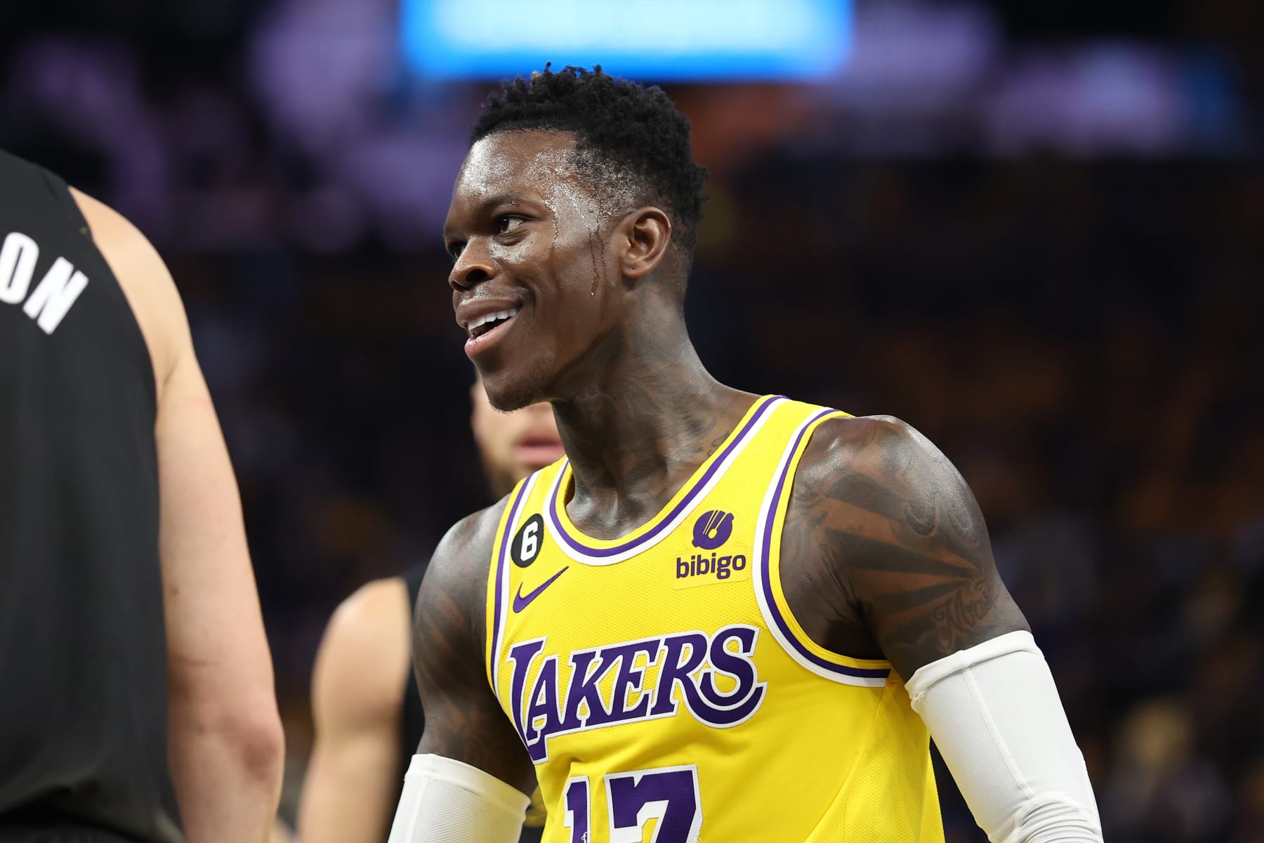 SAN FRANCISCO, CALIFORNIA - MAY 02: Dennis Schroder #17 of the Los Angeles Lakers looks on during the second quarter in game one of the Western Conference Semifinal Playoffs against the Golden State Warriors at Chase Center on May 02, 2023 in San Francisco, California. NOTE TO USER: User expressly acknowledges and agrees that, by downloading and or using this photograph, User is consenting to the terms and conditions of the Getty Images License Agreement. (Photo by Ezra Shaw/Getty Images)