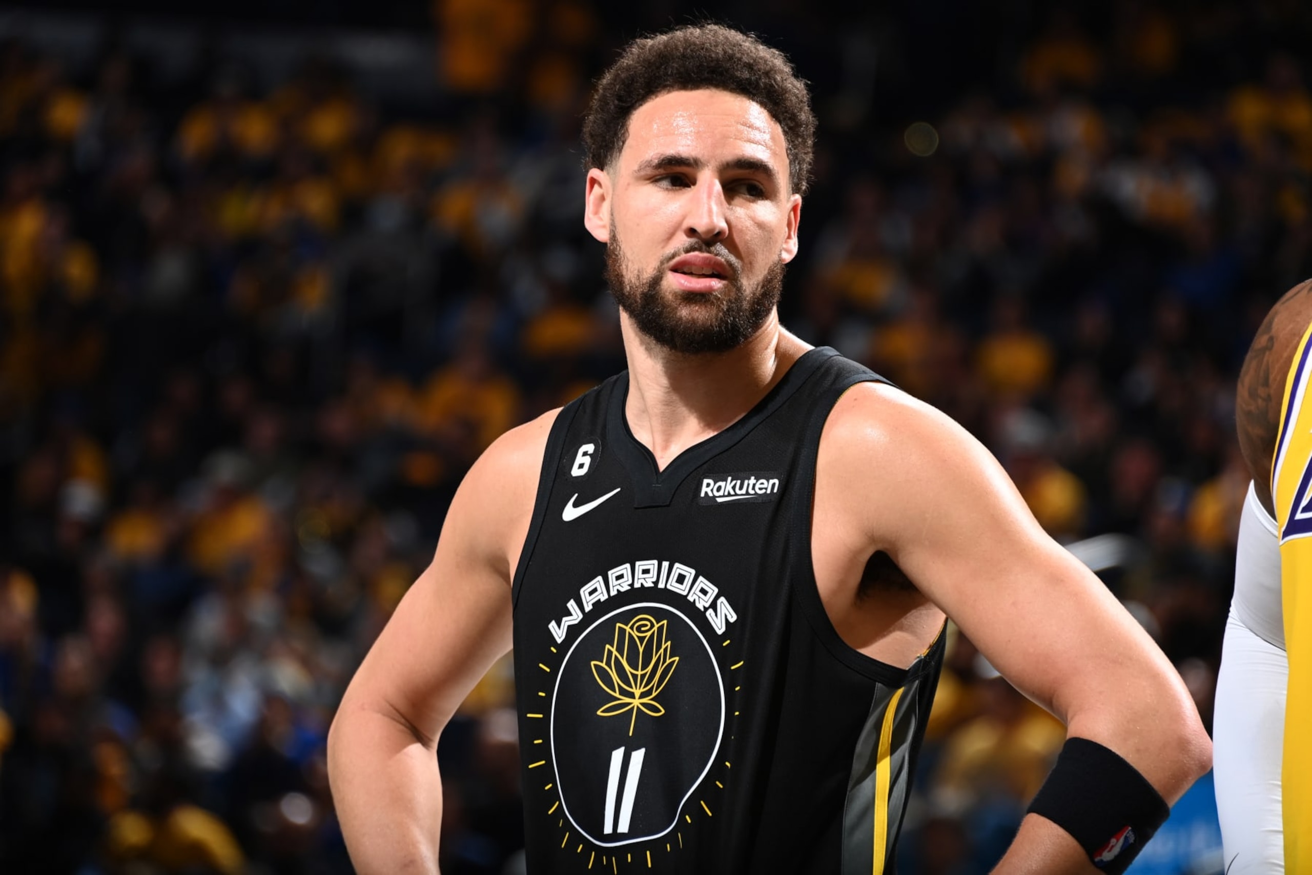 LOS ANGELES, CA - May 2: Klay Thompson #11 of the Golden State Warriors looks on during Game 1 of the Western Conference Semi-Finals 2023 NBA Playoffs on May 2, 2023 at Crypto.Com Arena in Los Angeles, California. NOTE TO USER: User expressly acknowledges and agrees that, by downloading and/or using this Photograph, user is consenting to the terms and conditions of the Getty Images License Agreement. Mandatory Copyright Notice: Copyright 2023 NBAE (Photo by Andrew D. Bernstein/NBAE via Getty Images)