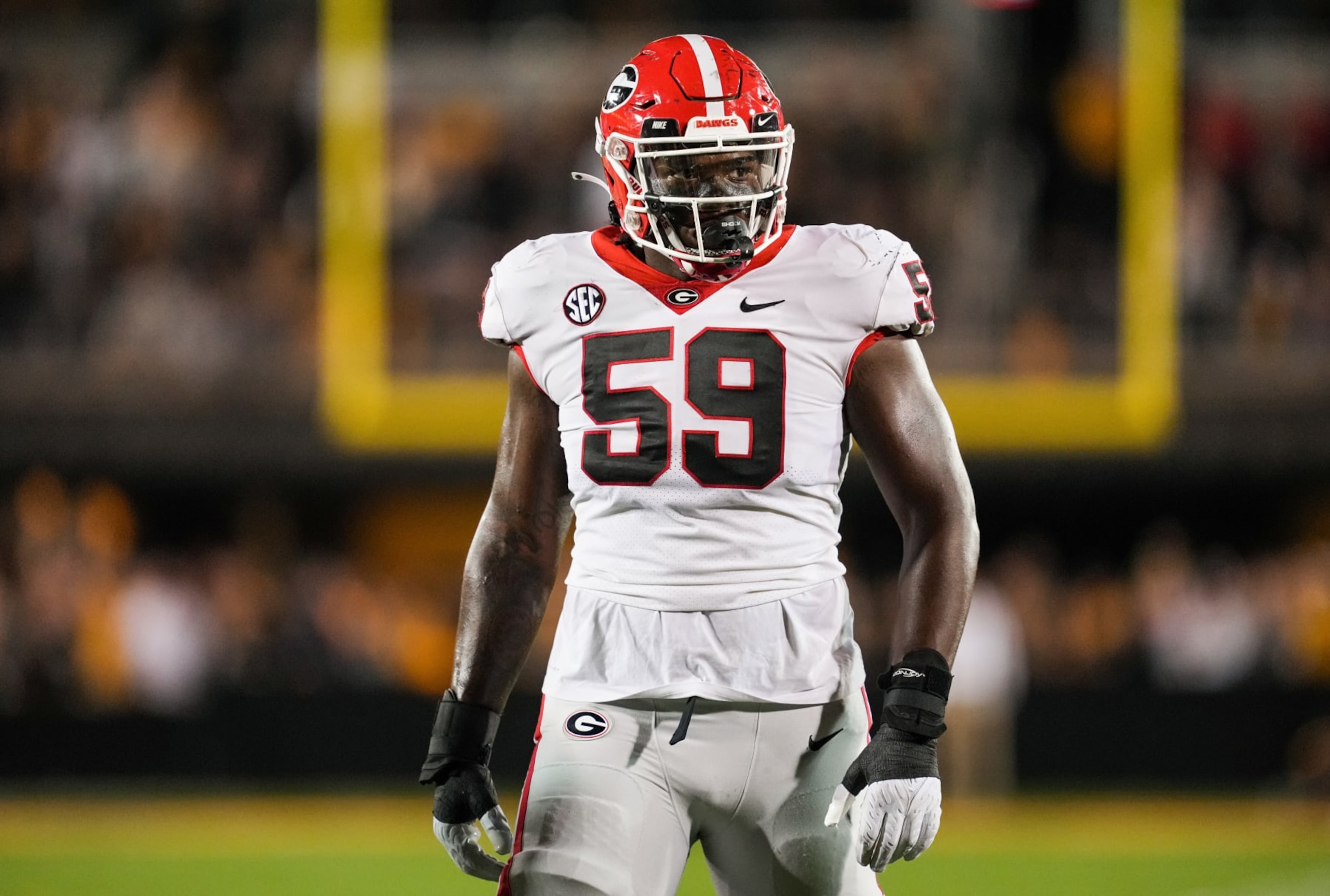 COLUMBIA, MO - OCTOBER 01: Broderick Jones #59 of the Georgia Bulldogs gets into position before the snap during the second half against the Missouri Tigers at Faurot Field/Memorial Stadium on October 1, 2022 in Columbia, Missouri. (Photo by Jay Biggerstaff/Getty Images)