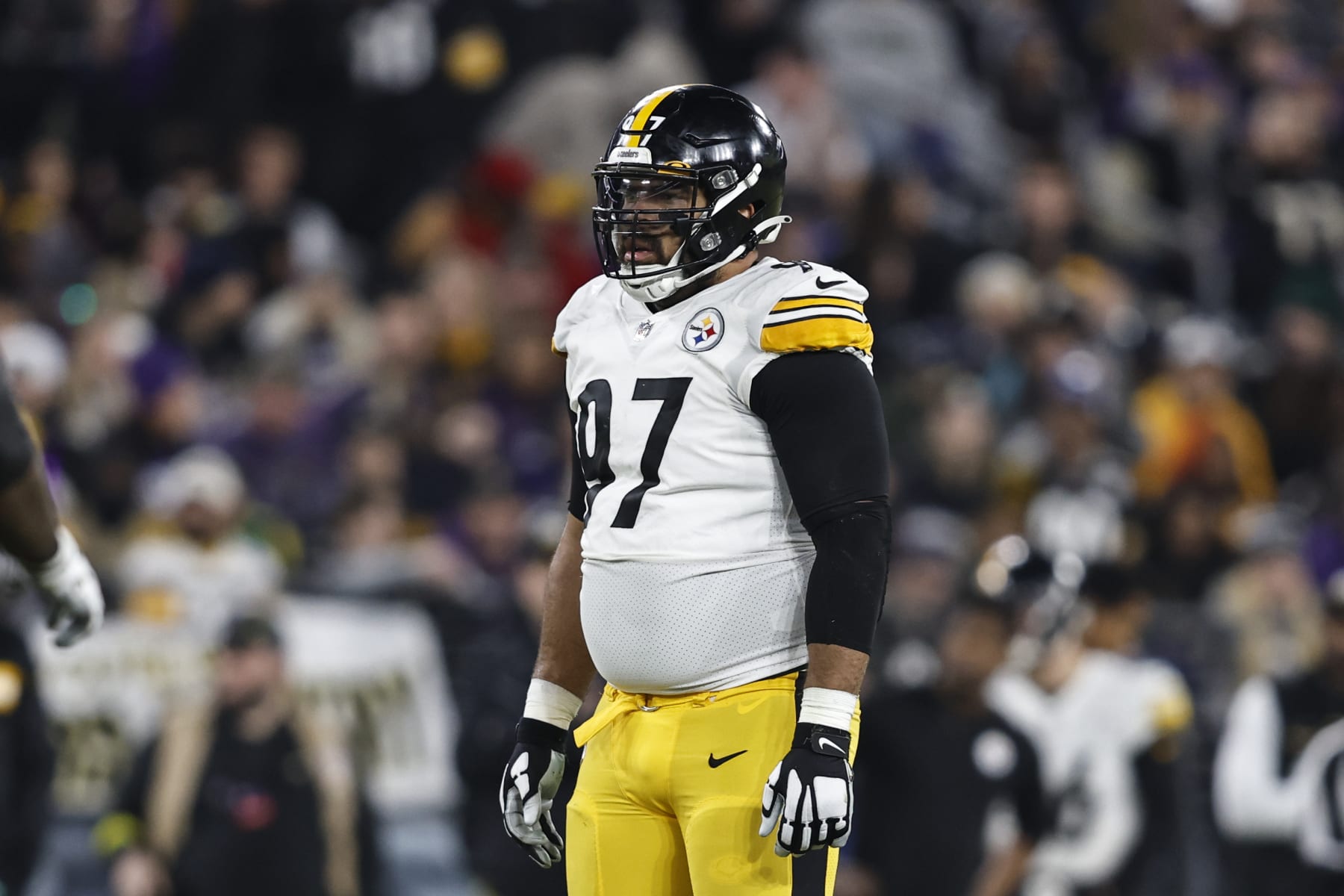 BALTIMORE, MARYLAND - JANUARY 01: Cameron Heyward #97 of the Pittsburgh Steelers looks on during an NFL football game between the Baltimore Ravens and the Pittsburgh Steelers at M&T Bank Stadium on January 01, 2023 in Baltimore, Maryland. (Photo by Michael Owens/Getty Images)