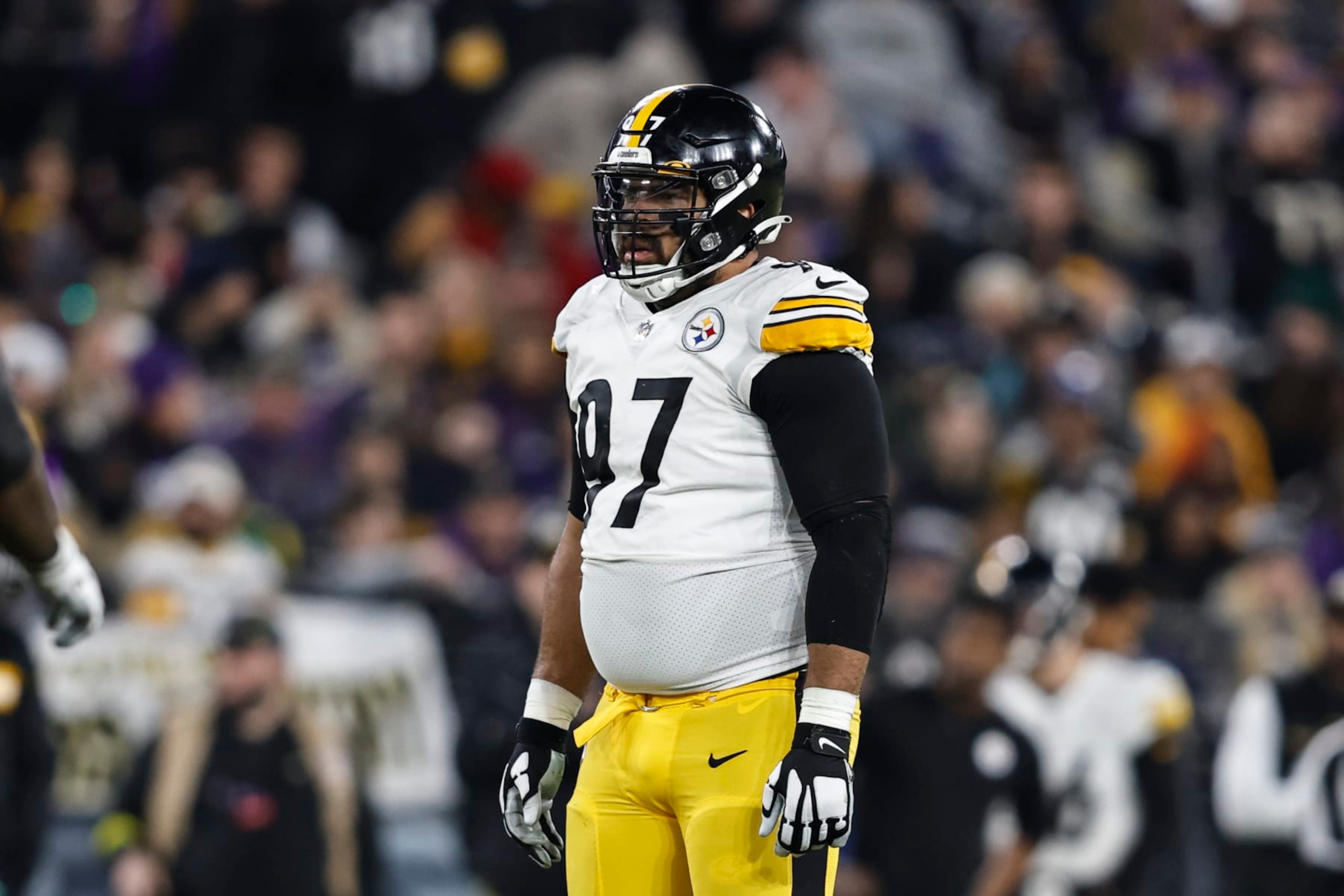 BALTIMORE, MARYLAND - JANUARY 01: Cameron Heyward #97 of the Pittsburgh Steelers looks on during an NFL football game between the Baltimore Ravens and the Pittsburgh Steelers at M&T Bank Stadium on January 01, 2023 in Baltimore, Maryland. (Photo by Michael Owens/Getty Images)