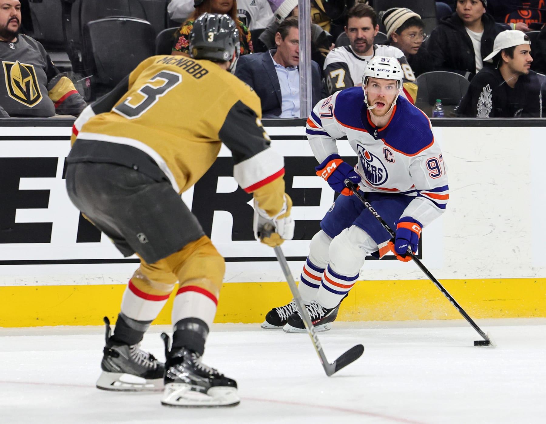 LAS VEGAS, NEVADA - MARCH 28: Connor McDavid #97 of the Edmonton Oilers skates with the puck against Brayden McNabb #3 of the Vegas Golden Knights in the first period of their game at T-Mobile Arena on March 28, 2023 in Las Vegas, Nevada. The Oilers defeated the Golden Knights 7-4. (Photo by Ethan Miller/Getty Images)