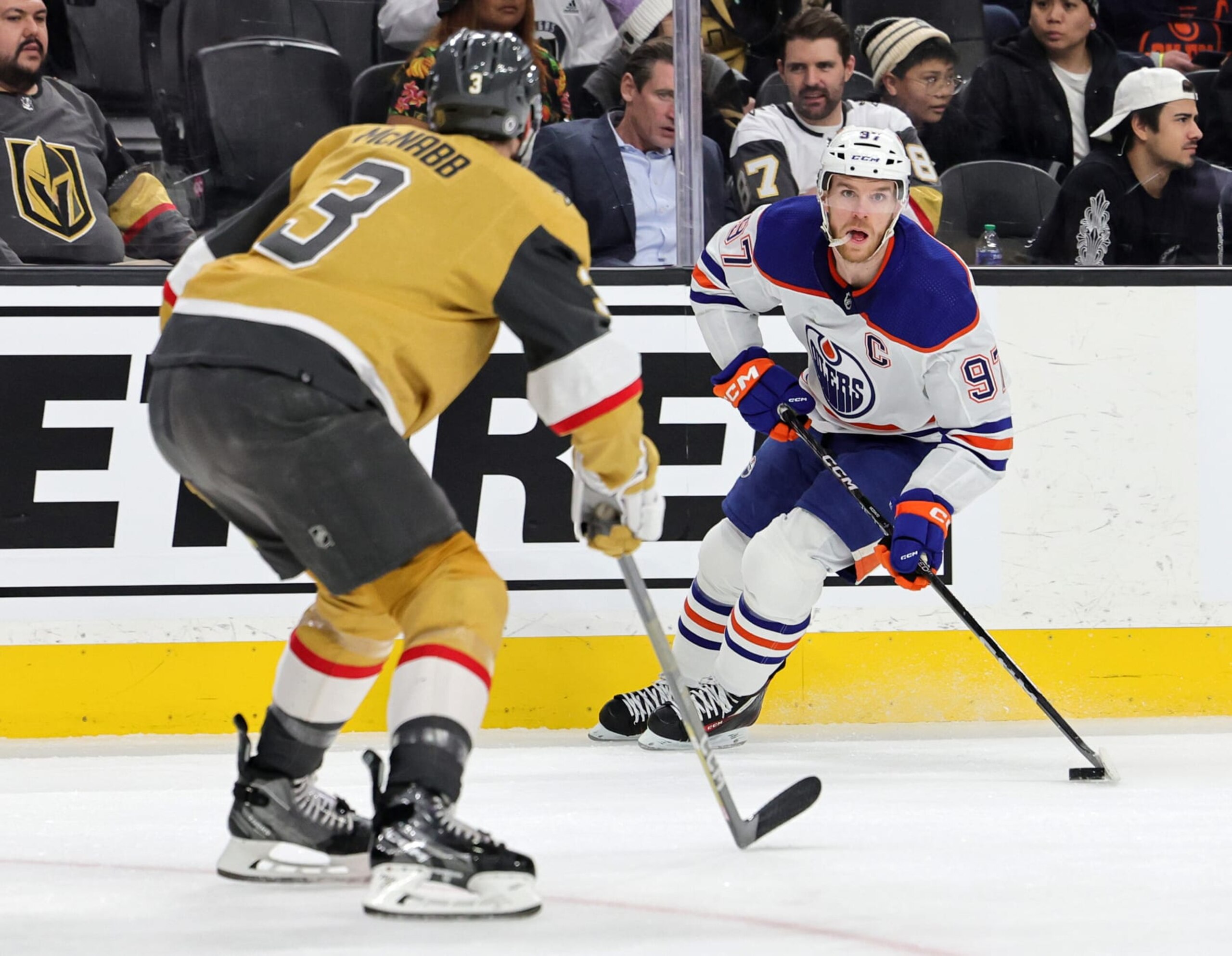 LAS VEGAS, NEVADA - MARCH 28: Connor McDavid #97 of the Edmonton Oilers skates with the puck against Brayden McNabb #3 of the Vegas Golden Knights in the first period of their game at T-Mobile Arena on March 28, 2023 in Las Vegas, Nevada. The Oilers defeated the Golden Knights 7-4. (Photo by Ethan Miller/Getty Images)