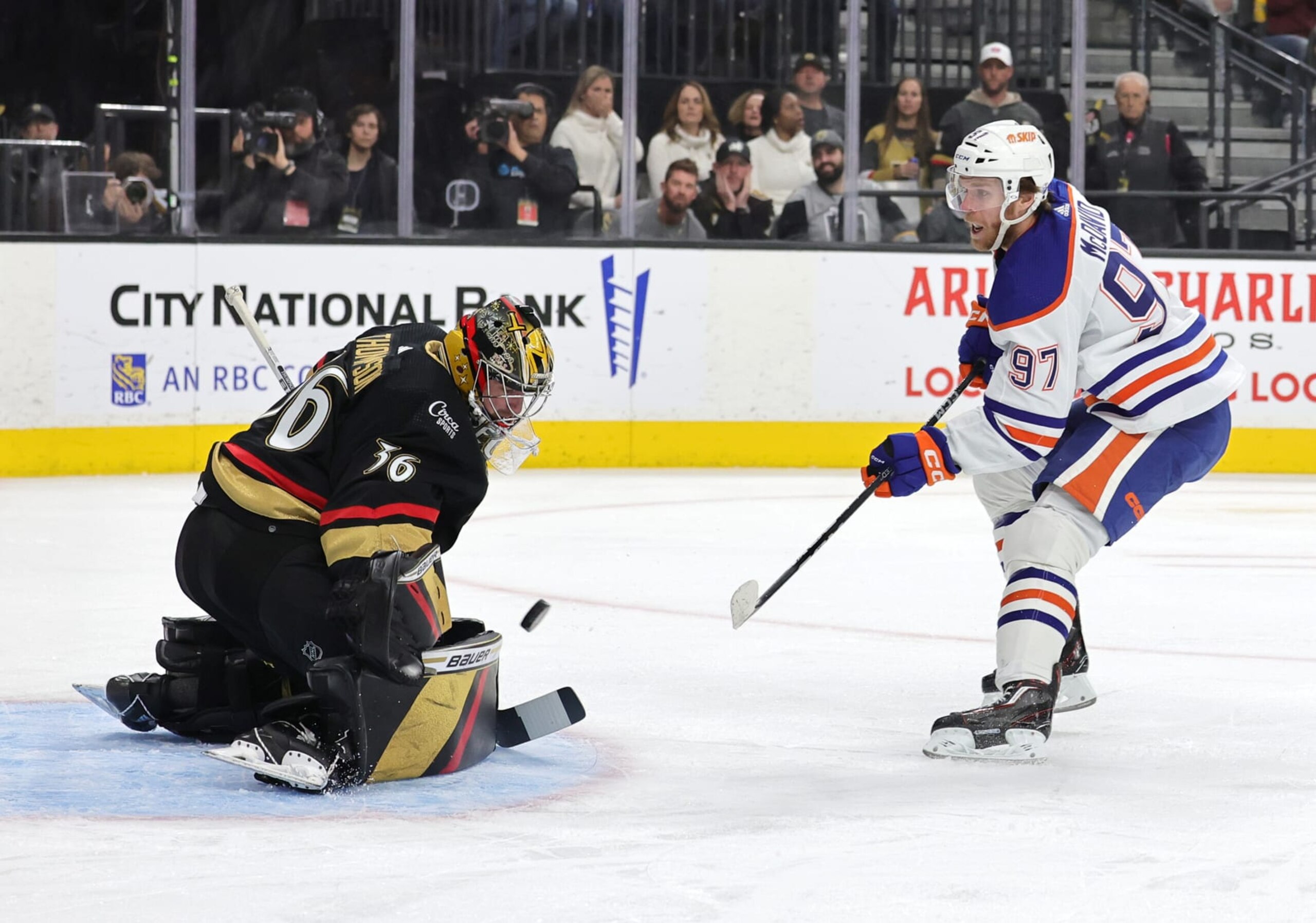 LAS VEGAS, NEVADA - JANUARY 14: Logan Thompson #36 of the Vegas Golden Knights blocks a shot by Connor McDavid #97 of the Edmonton Oilers in the first period of their game at T-Mobile Arena on January 14, 2023 in Las Vegas, Nevada. (Photo by Ethan Miller/Getty Images)