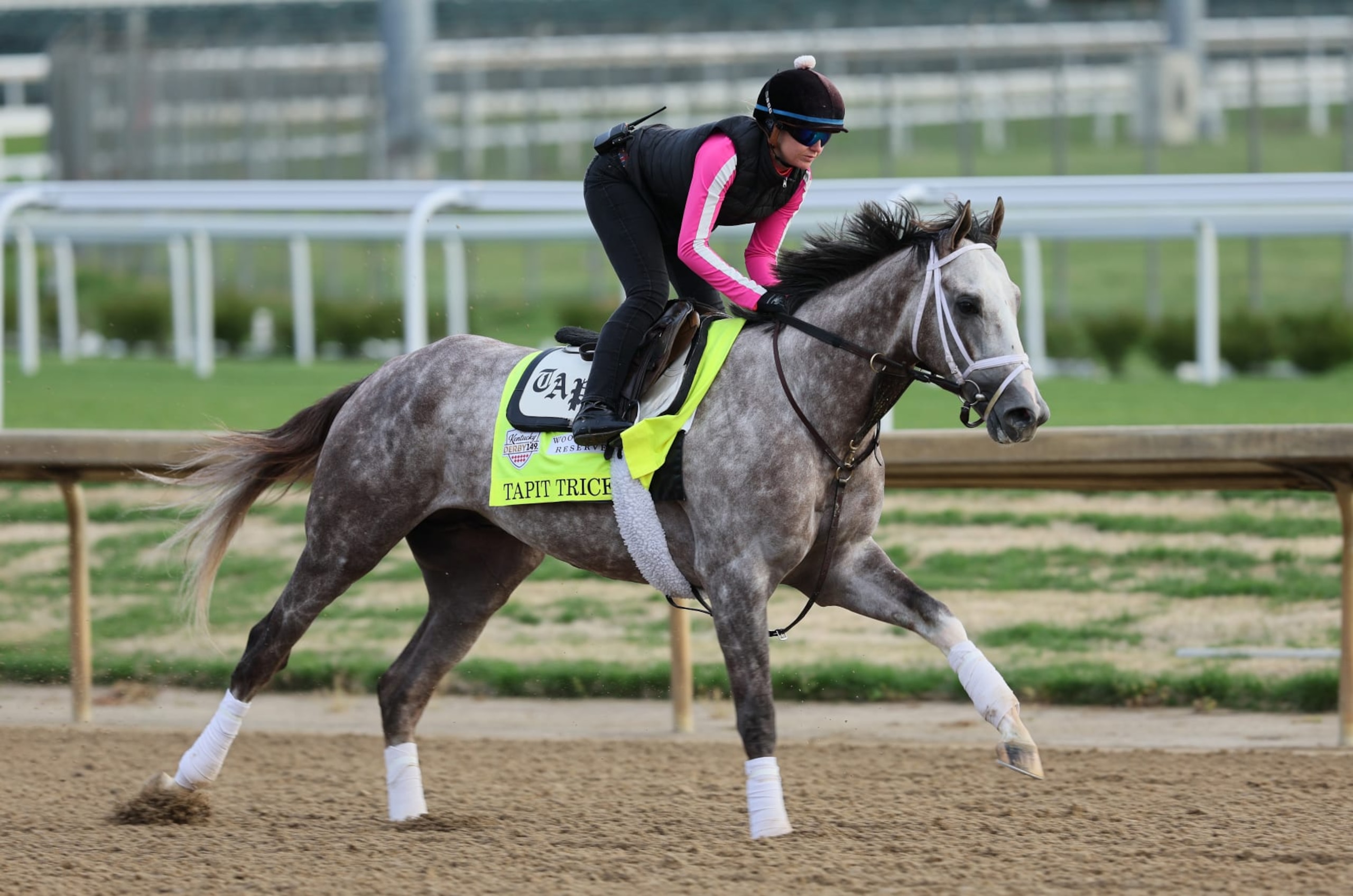 LOUISVILLE, KENTUCKY - MAY 01: Tapit Trice runs on the track during the morning training for the Kentucky Derby at Churchill Downs on May 01, 2023 in Louisville, Kentucky. (Photo by Andy Lyons/Getty Images)