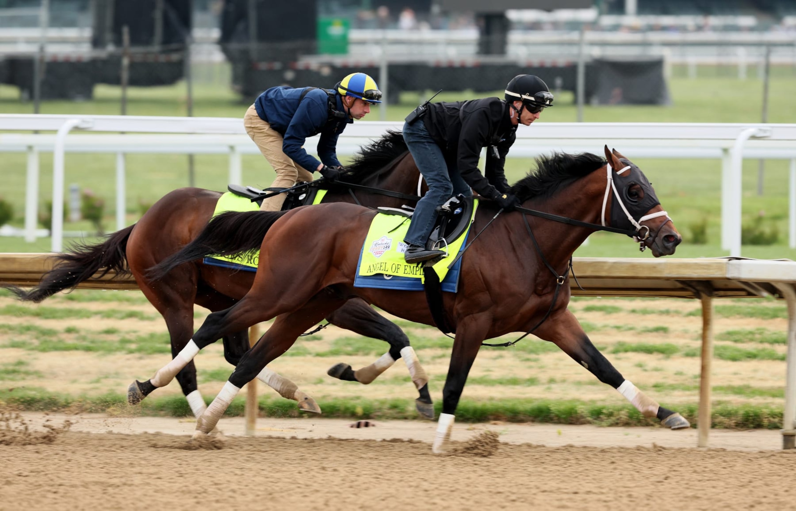LOUISVILLE, KENTUCKY - APRIL 29: Angel of Empire runs on the track during the morning training for the Kentucky Derby at Churchill Downs on April 29, 2023 in Louisville, Kentucky. (Photo by Andy Lyons/Getty Images)