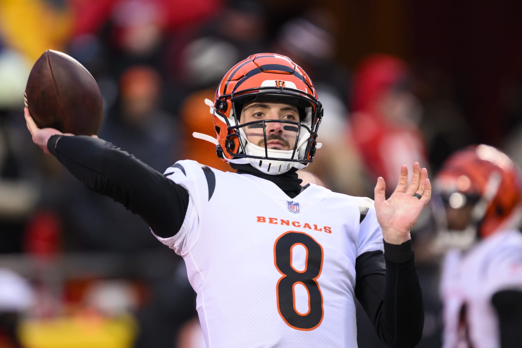 Cincinnati Bengals quarterback Brandon Allen during warmups before the NFL AFC Championship playoff football game against the Kansas City Chiefs, Sunday, Jan. 29, 2023 in Kansas City, Mo. (AP Photo/Reed Hoffmann)