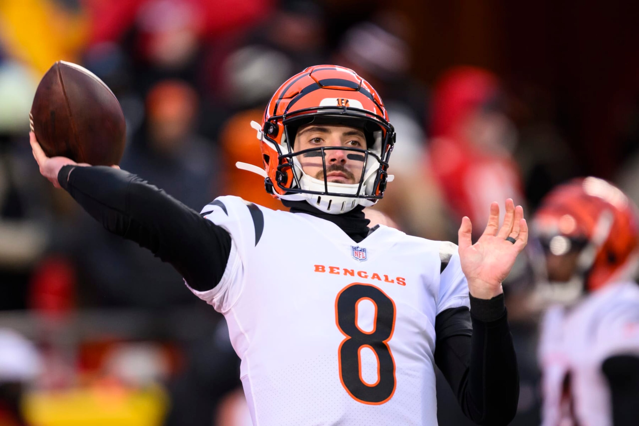 Cincinnati Bengals quarterback Brandon Allen during warmups before the NFL AFC Championship playoff football game against the Kansas City Chiefs, Sunday, Jan. 29, 2023 in Kansas City, Mo. (AP Photo/Reed Hoffmann)