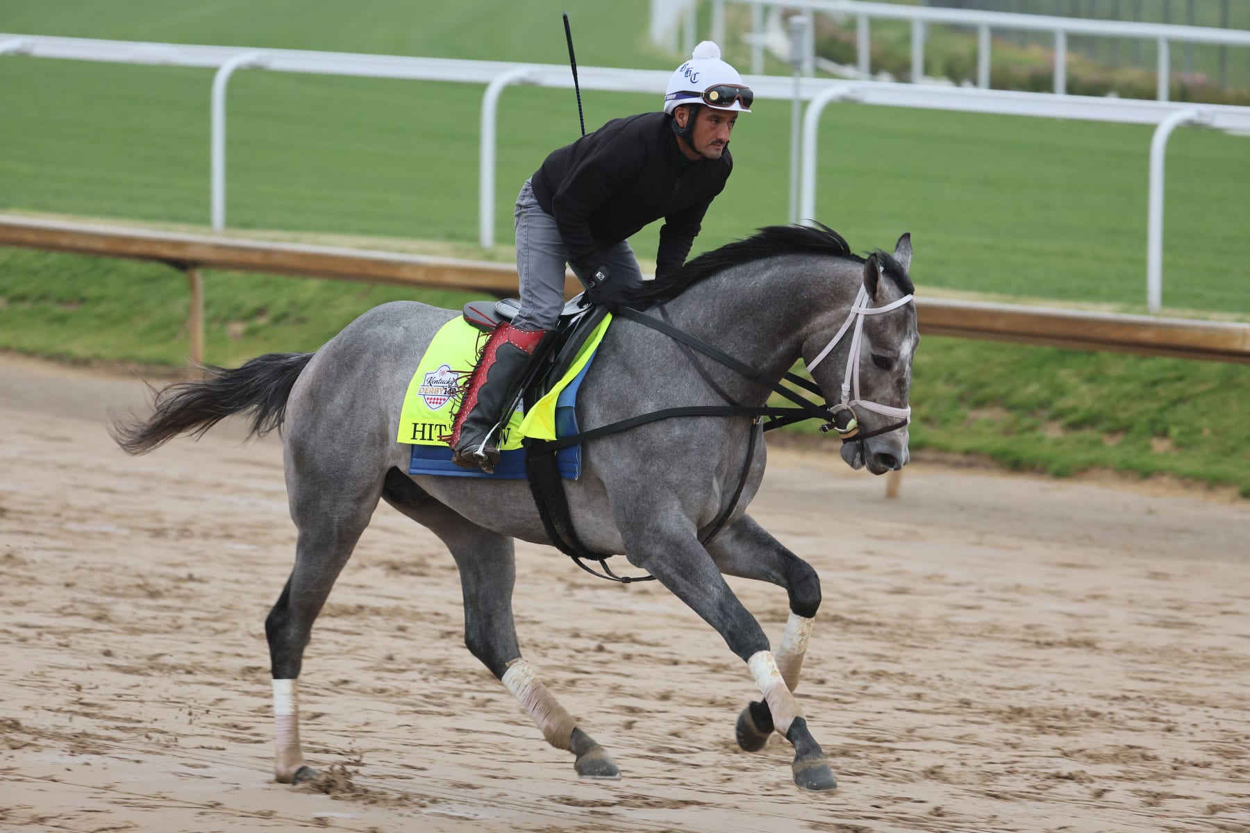 LOUISVILLE, KENTUCKY - APRIL 28: Hit Show runs on the track during the morning training for the Kentucky Derby at Churchill Downs on April 28, 2023 in Louisville, Kentucky. (Photo by Andy Lyons/Getty Images)