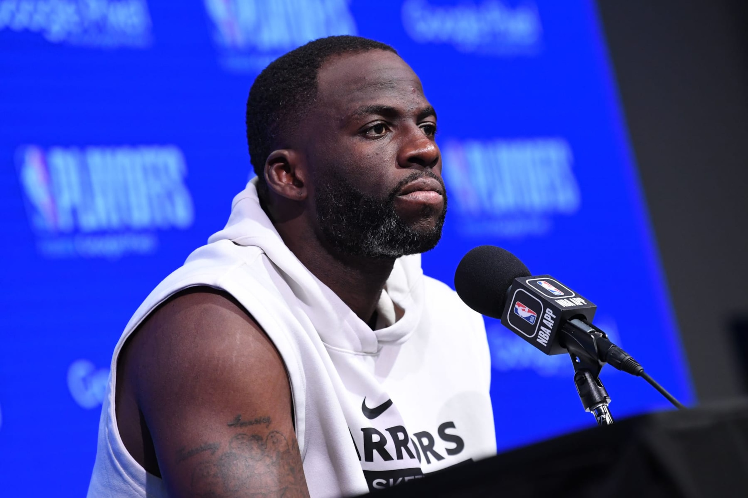 SAN FRANCISCO, CA - MAY 2: Draymond Green #23 of the Golden State Warriors talks to the media after the game against the Los Angeles Lakers during Game One of the Western Conference Semi-Finals of the 2023 NBA Playoffs on May 2, 2023 at Chase Center in San Francisco, California. NOTE TO USER: User expressly acknowledges and agrees that, by downloading and or using this photograph, user is consenting to the terms and conditions of Getty Images License Agreement. Mandatory Copyright Notice: Copyright 2023 NBAE (Photo by Noah Graham/NBAE via Getty Images)