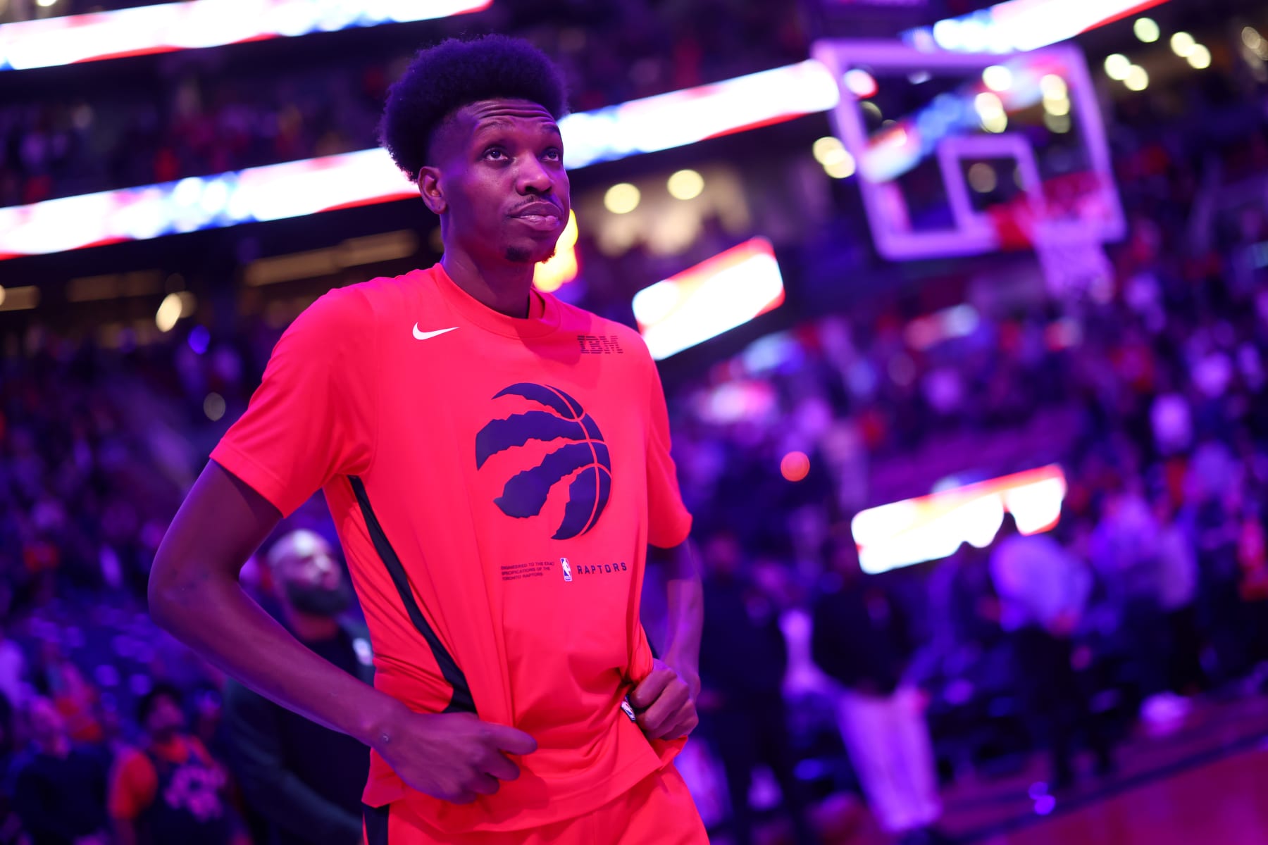 TORONTO, CANADA - APRIL 12: Chris Boucher #25 of the Toronto Raptors looks on before the game against the Chicago Bulls during the 2023 Play-In Tournament on April 12, 2023 at the Scotiabank Arena in Toronto, Ontario, Canada.  NOTE TO USER: User expressly acknowledges and agrees that, by downloading and or using this Photograph, user is consenting to the terms and conditions of the Getty Images License Agreement.  Mandatory Copyright Notice: Copyright 2023 NBAE (Photo by Vaughn Ridley/NBAE via Getty Images)