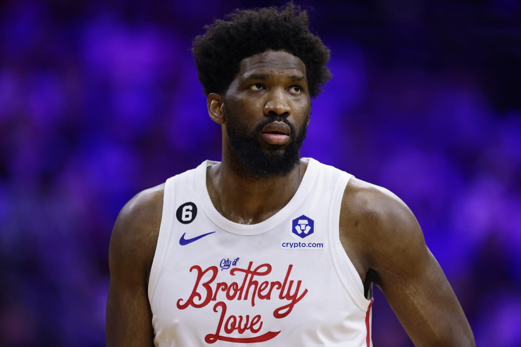 PHILADELPHIA, PA - APRIL 06: Joel Embiid #21 of the Philadelphia 76ers in action against the Miami Heat during a game at Wells Fargo Center on April 6, 2023 in Philadelphia, Pennsylvania. The Heat defeated the 76ers 129-101. NOTE TO USER: User expressly acknowledges and agrees that, by downloading and or using this photograph, User is consenting to the terms and conditions of the Getty Images License Agreement. (Photo by Rich Schultz/Getty Images)