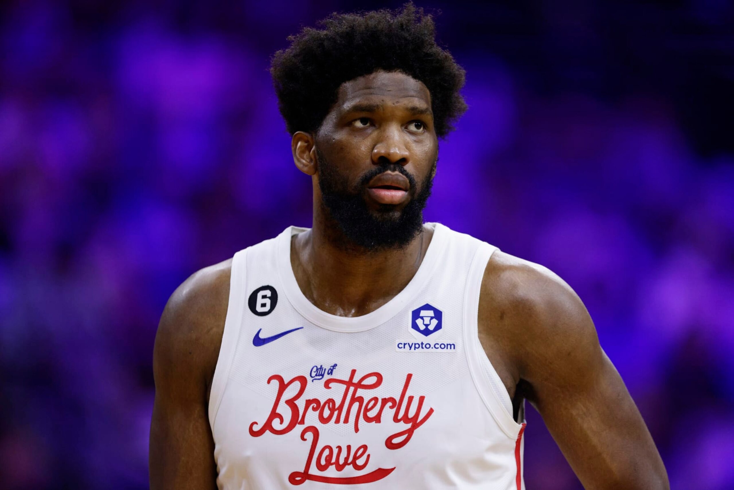 PHILADELPHIA, PA - APRIL 06: Joel Embiid #21 of the Philadelphia 76ers in action against the Miami Heat during a game at Wells Fargo Center on April 6, 2023 in Philadelphia, Pennsylvania. The Heat defeated the 76ers 129-101. NOTE TO USER: User expressly acknowledges and agrees that, by downloading and or using this photograph, User is consenting to the terms and conditions of the Getty Images License Agreement. (Photo by Rich Schultz/Getty Images)