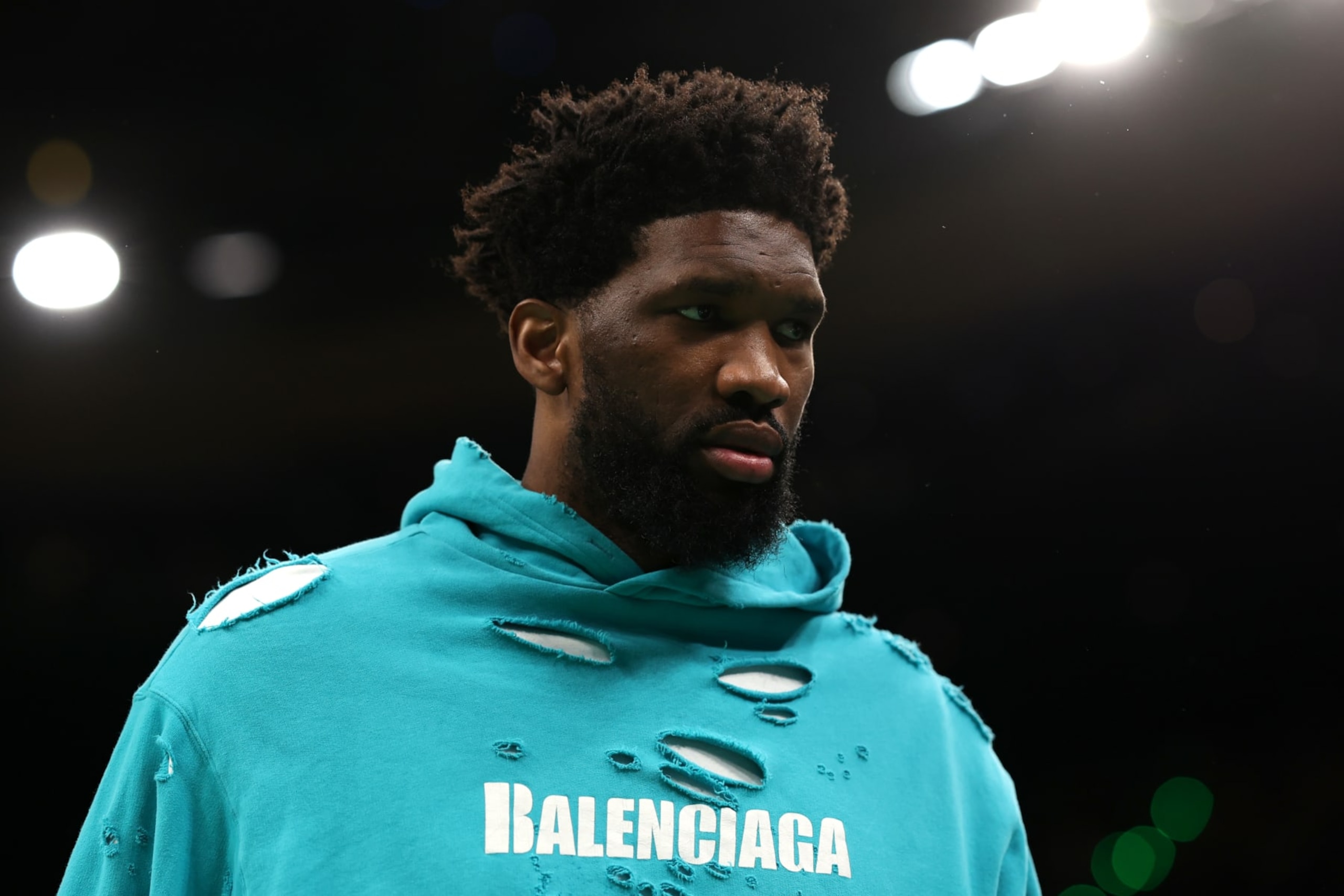 BOSTON, MASSACHUSETTS - MAY 01: Joel Embiid #21 of the Philadelphia 76ers looks on during the second half against the Boston Celtics in game one of the Eastern Conference Second Round Playoffs  at TD Garden on May 01, 2023 in Boston, Massachusetts. NOTE TO USER: User expressly acknowledges and agrees that, by downloading and or using this photograph, User is consenting to the terms and conditions of the Getty Images License Agreement.  (Photo by Maddie Meyer/Getty Images)