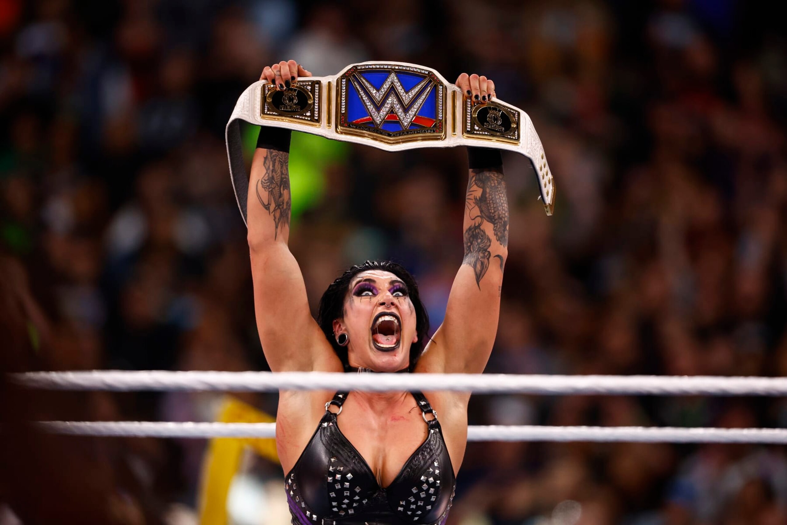 INGLEWOOD, CALIFORNIA - APRIL 01: Rhea Ripley during WrestleMania Goes Hollywood at SoFi Stadium on April 01, 2023 in Inglewood, California. (Photo by Ronald Martinez/Getty Images) INGLEWOOD, CALIFORNIA - APRIL 01: Rhea Ripley during WrestleMania Goes Hollywood at SoFi Stadium on April 01, 2023 in Inglewood, California. (Photo by Ronald Martinez/Getty Images)