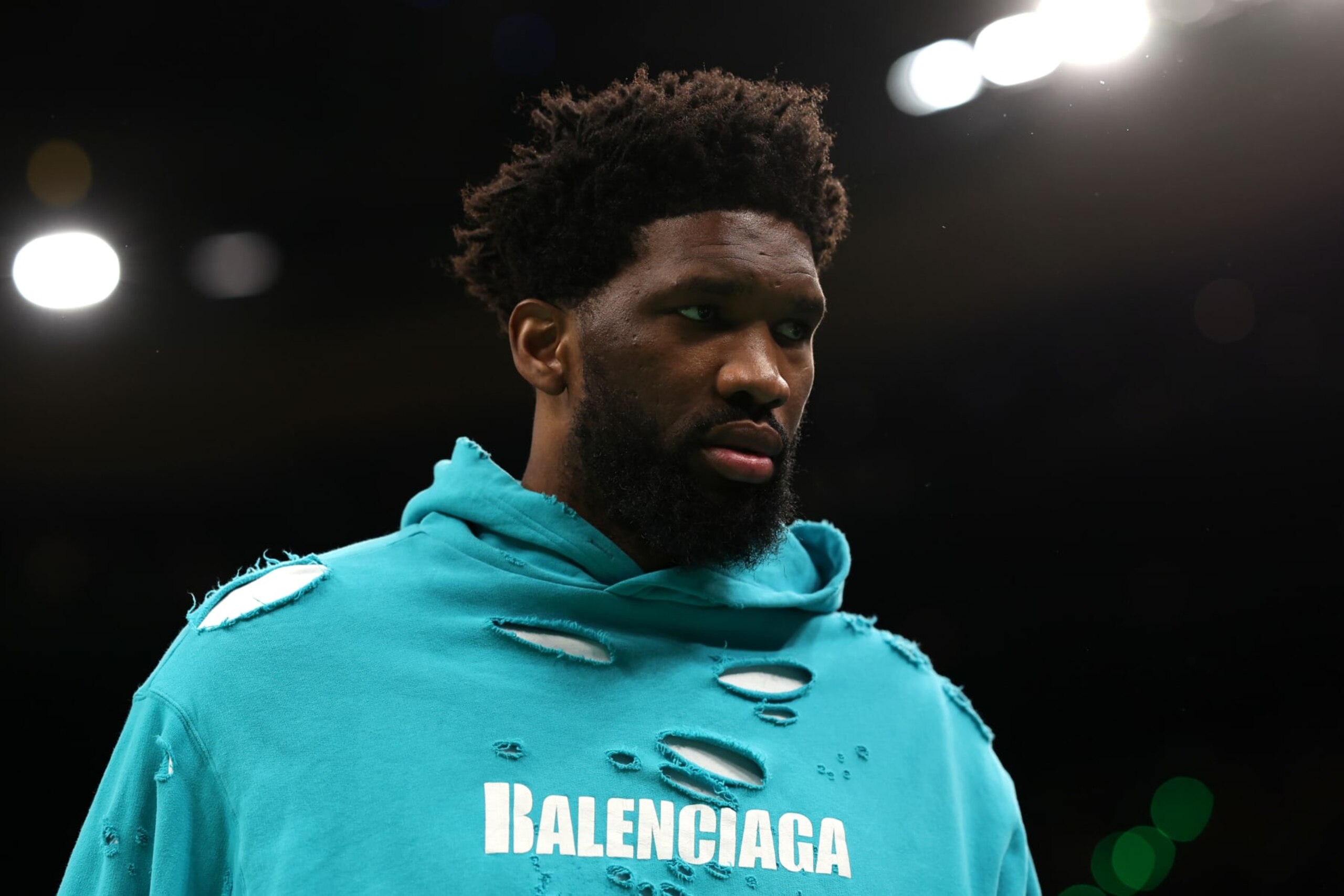 BOSTON, MASSACHUSETTS - MAY 01: Joel Embiid #21 of the Philadelphia 76ers looks on during the second half against the Boston Celtics in game one of the Eastern Conference Second Round Playoffs  at TD Garden on May 01, 2023 in Boston, Massachusetts. NOTE TO USER: User expressly acknowledges and agrees that, by downloading and or using this photograph, User is consenting to the terms and conditions of the Getty Images License Agreement.  (Photo by Maddie Meyer/Getty Images)