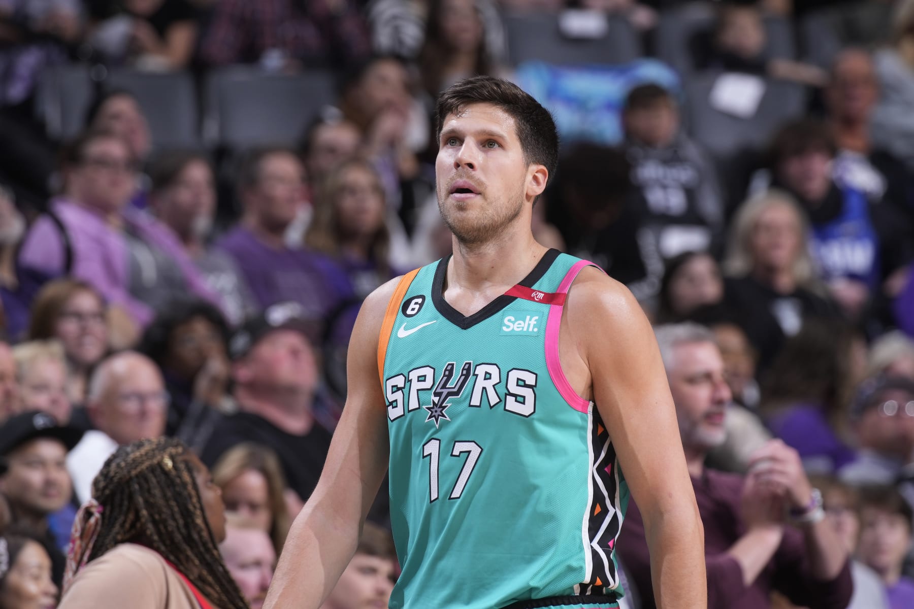 SACRAMENTO, CA - APRIL 2: Doug McDermott #17 of the San Antonio Spurs looks on during the game against the Sacramento Kings on April 2, 2023 at Golden 1 Center in Sacramento, California. NOTE TO USER: User expressly acknowledges and agrees that, by downloading and or using this photograph, User is consenting to the terms and conditions of the Getty Images Agreement. Mandatory Copyright Notice: Copyright 2023 NBAE (Photo by Rocky Widner/NBAE via Getty Images)