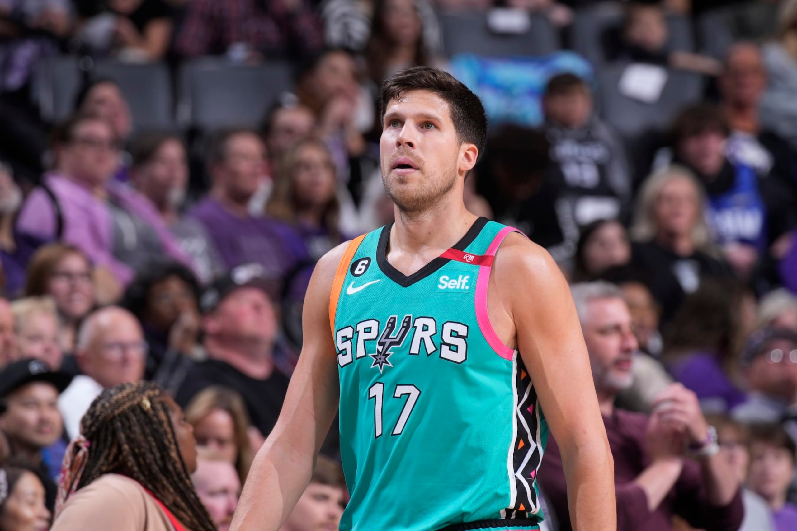 SACRAMENTO, CA - APRIL 2: Doug McDermott #17 of the San Antonio Spurs looks on during the game against the Sacramento Kings on April 2, 2023 at Golden 1 Center in Sacramento, California. NOTE TO USER: User expressly acknowledges and agrees that, by downloading and or using this photograph, User is consenting to the terms and conditions of the Getty Images Agreement. Mandatory Copyright Notice: Copyright 2023 NBAE (Photo by Rocky Widner/NBAE via Getty Images)