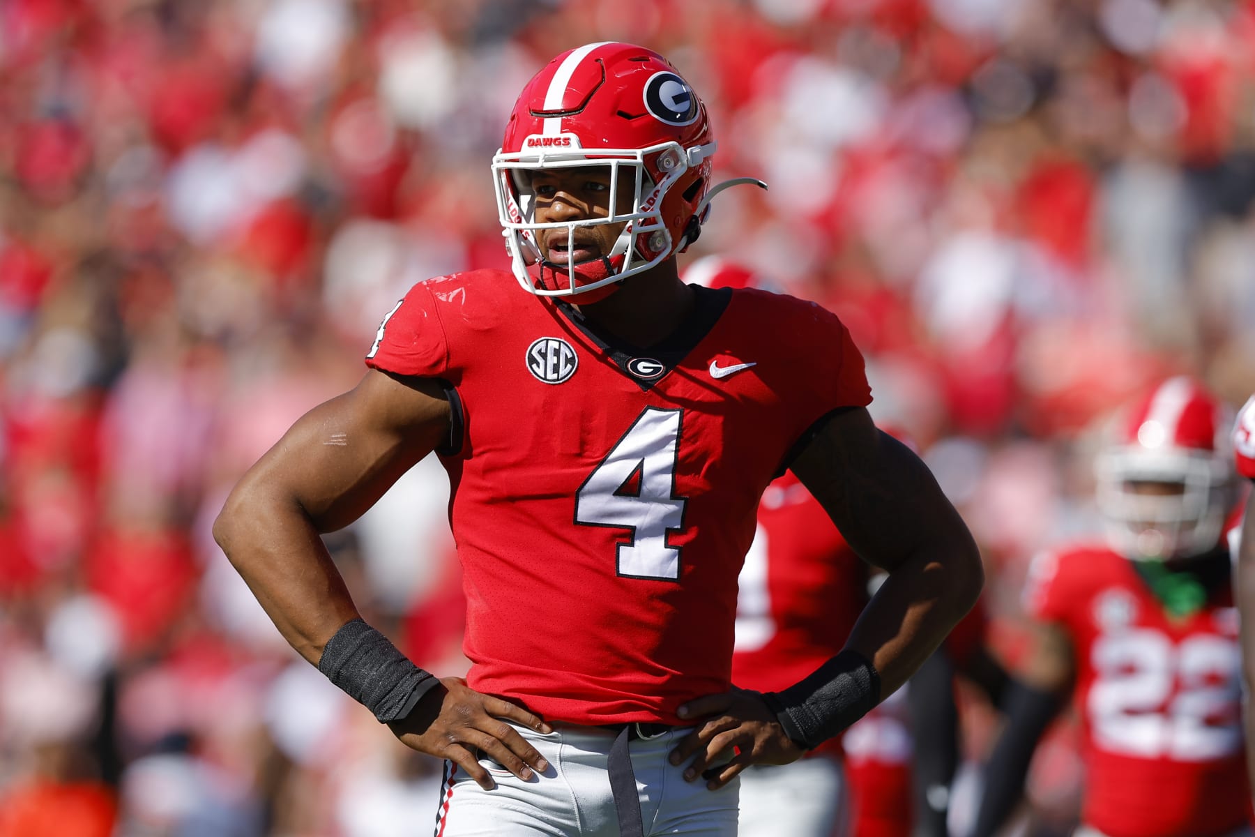 ATHENS, GA - OCTOBER 08: Nolan Smith #4 of the Georgia Bulldogs looks to the sideline in the first half against the Auburn Tigers at Sanford Stadium on October 8, 2022 in Athens, Georgia. (Photo by Todd Kirkland/Getty Images)