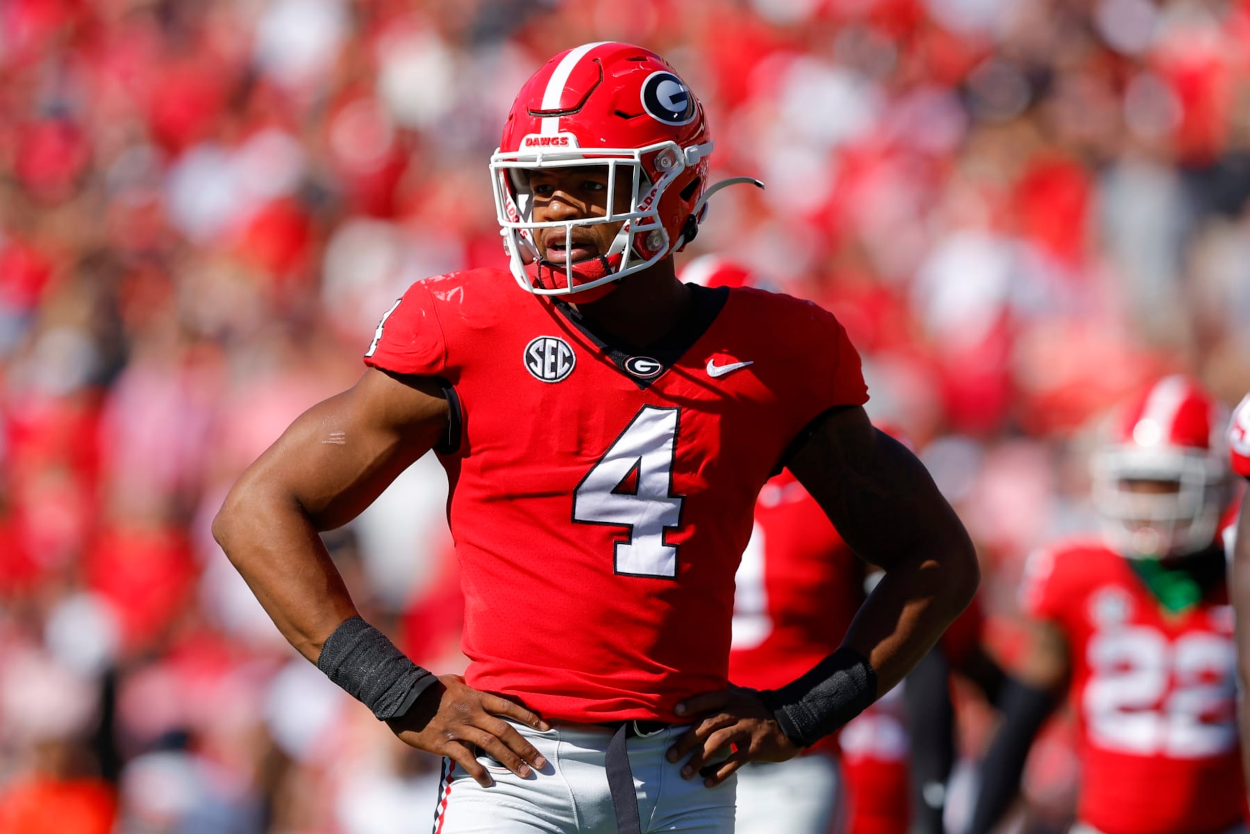 ATHENS, GA - OCTOBER 08: Nolan Smith #4 of the Georgia Bulldogs looks to the sideline in the first half against the Auburn Tigers at Sanford Stadium on October 8, 2022 in Athens, Georgia. (Photo by Todd Kirkland/Getty Images) ATHENS, GA - OCTOBER 08: Nolan Smith #4 of the Georgia Bulldogs looks to the sideline in the first half against the Auburn Tigers at Sanford Stadium on October 8, 2022 in Athens, Georgia. (Photo by Todd Kirkland/Getty Images)