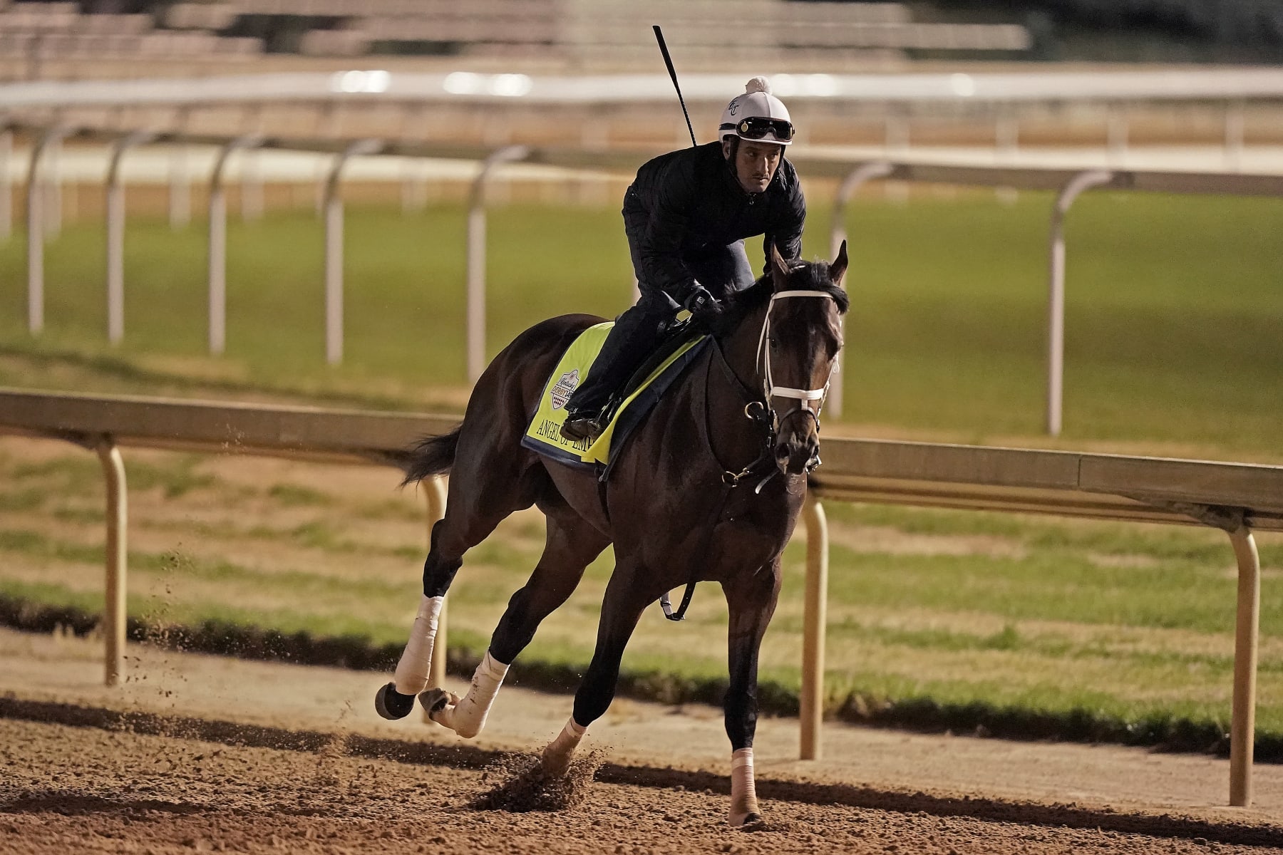 Kentucky Derby hopeful Angel of Empire works out at Churchill Downs Tuesday, May 2, 2023, in Louisville, Ky. The 149th running of the Kentucky Derby is scheduled for Saturday, May 6. (AP Photo/Charlie Riedel)