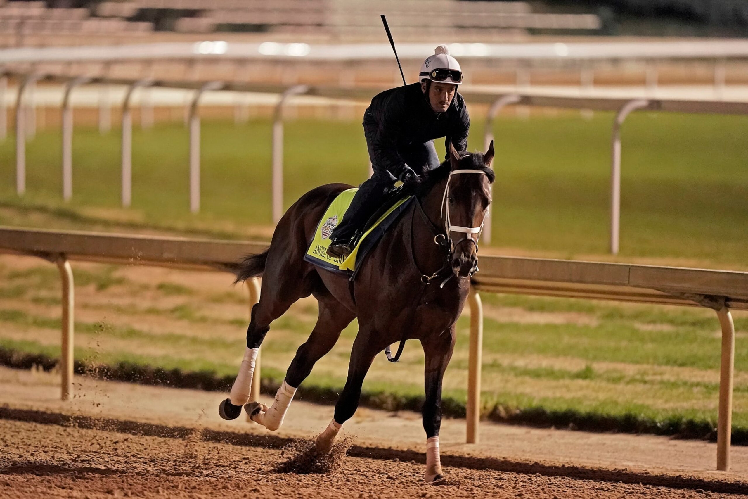 Kentucky Derby hopeful Angel of Empire works out at Churchill Downs Tuesday, May 2, 2023, in Louisville, Ky. The 149th running of the Kentucky Derby is scheduled for Saturday, May 6. (AP Photo/Charlie Riedel)