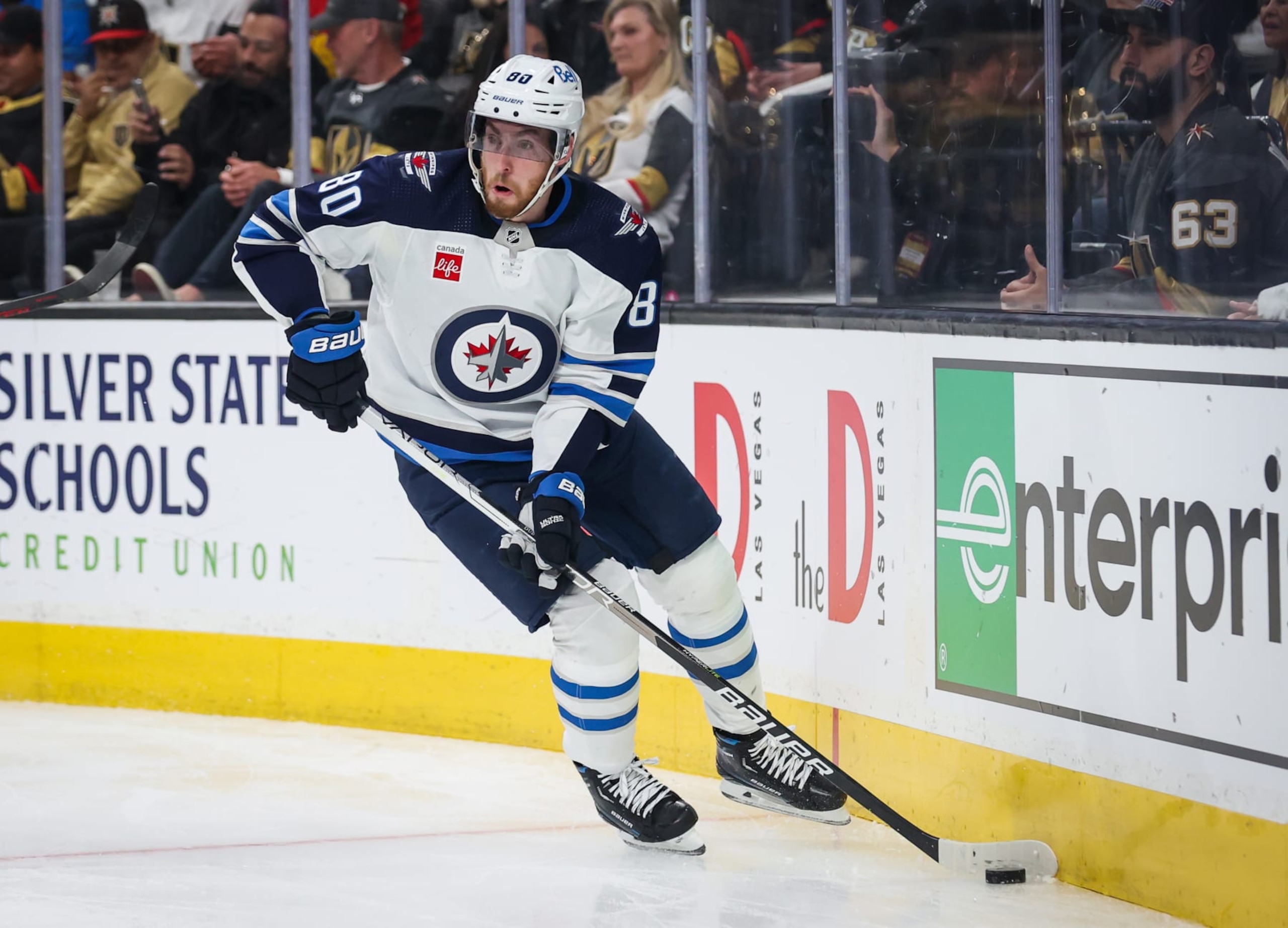 LAS VEGAS, NEVADA - APRIL 18: Pierre-Luc Dubois #80 of the Winnipeg Jets skates during the second period against the Vegas Golden Knights in Game One of the First Round of the 2023 Stanley Cup Playoffs at T-Mobile Arena on April 18, 2023 in Las Vegas, Nevada. (Photo by Zak Krill/NHLI via Getty Images) LAS VEGAS, NEVADA - APRIL 18: Pierre-Luc Dubois #80 of the Winnipeg Jets skates during the second period against the Vegas Golden Knights in Game One of the First Round of the 2023 Stanley Cup Playoffs at T-Mobile Arena on April 18, 2023 in Las Vegas, Nevada. (Photo by Zak Krill/NHLI via Getty Images)
