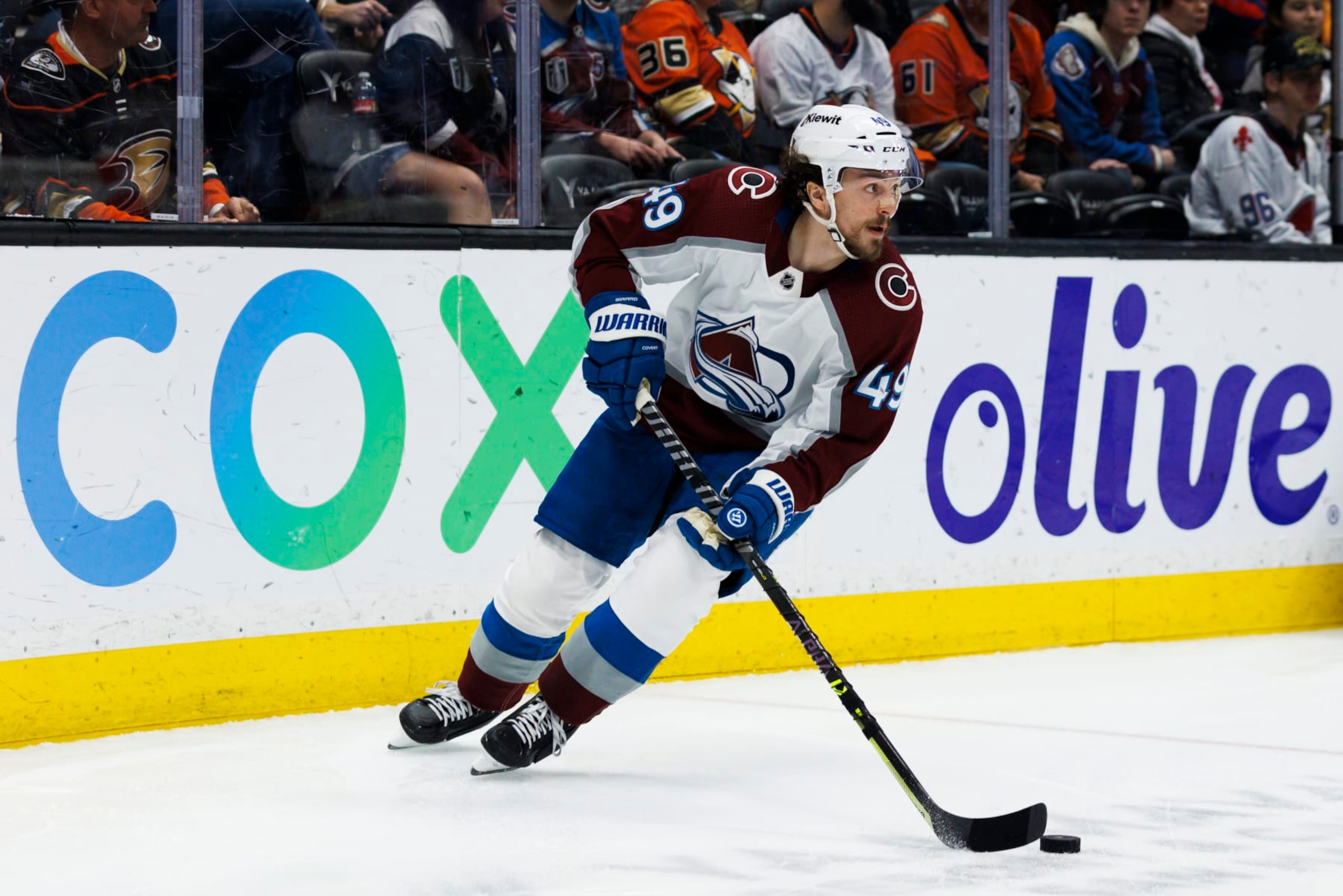 ANAHEIM, CA - APRIL 09: Colorado Avalanche defenseman Samuel Girard (49) skates with the puck during an NHL hockey game between the Colorado Avalanche and the Anaheim Ducks on April 9, 2023 at Honda Center in Anaheim, CA. (Photo by Ric Tapia/Icon Sportswire via Getty Images) ANAHEIM, CA - APRIL 09: Colorado Avalanche defenseman Samuel Girard (49) skates with the puck during an NHL hockey game between the Colorado Avalanche and the Anaheim Ducks on April 9, 2023 at Honda Center in Anaheim, CA. (Photo by Ric Tapia/Icon Sportswire via Getty Images)