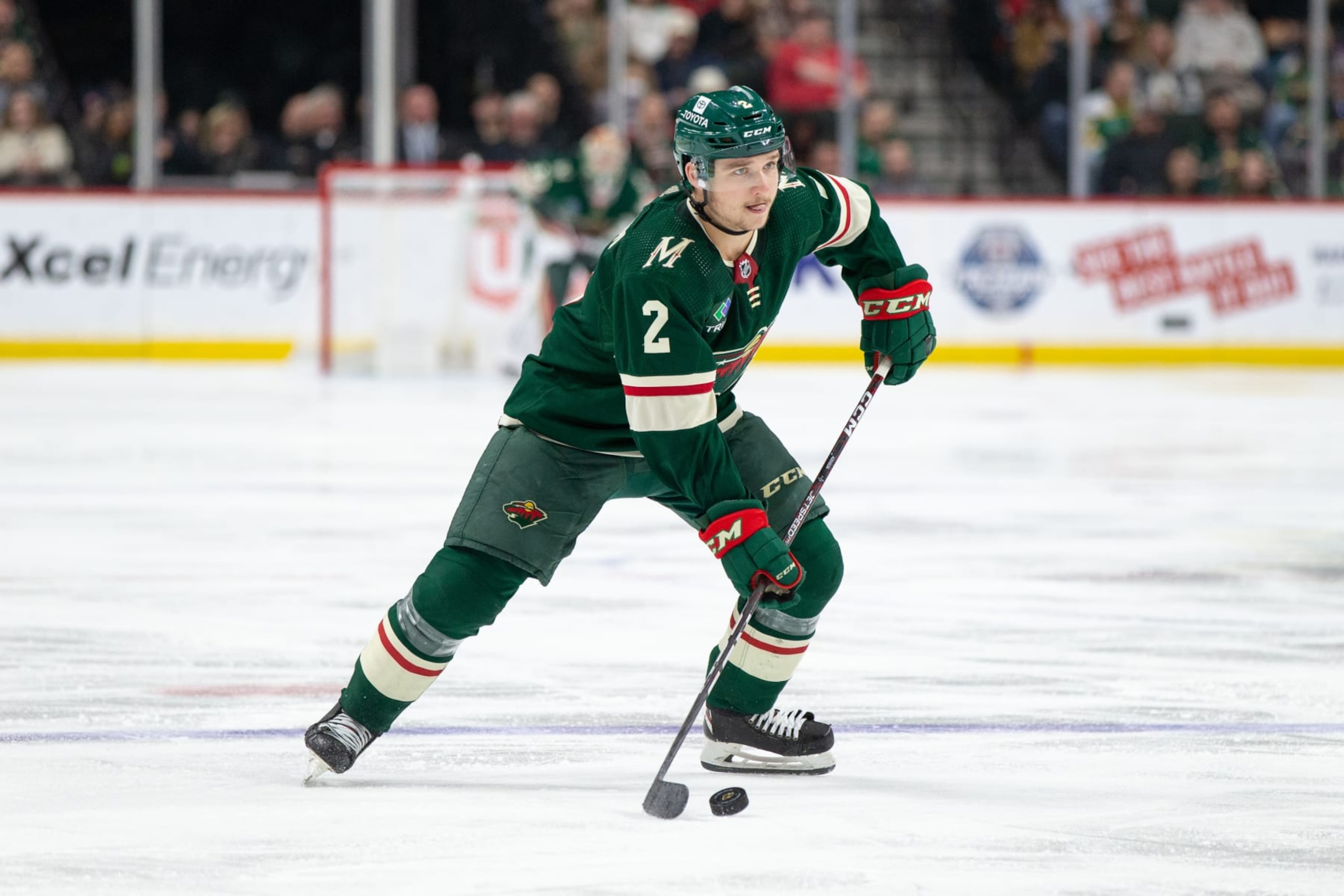 SAINT PAUL, MN - FEBRUARY 11: Minnesota Wild defenseman Calen Addison (2) looks to shoot the puck during the NHL game between the New Jersey Devils and the Minnesota Wild, on February 11th, 2023, at the Xcel Energy Center in Saint Paul, MN. (Photo by Bailey Hillesheim/Icon Sportswire via Getty Images) SAINT PAUL, MN - FEBRUARY 11: Minnesota Wild defenseman Calen Addison (2) looks to shoot the puck during the NHL game between the New Jersey Devils and the Minnesota Wild, on February 11th, 2023, at the Xcel Energy Center in Saint Paul, MN. (Photo by Bailey Hillesheim/Icon Sportswire via Getty Images)