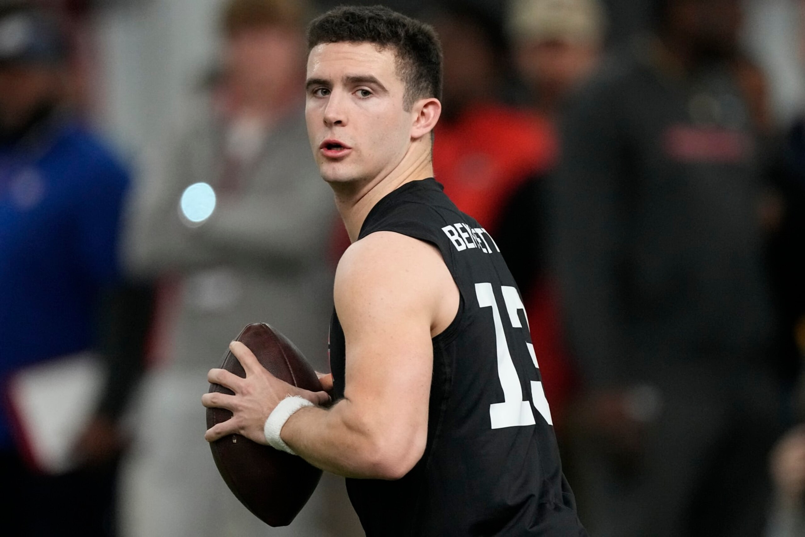Former Georgia quarterback Stetson Bennett runs drills during Georgia football Pro Day, Wednesday, March 15, 2023, in Athens, Ga. (AP Photo/John Bazemore)