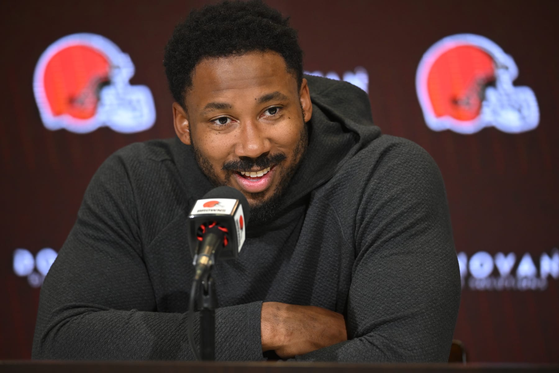 Cleveland Browns defensive end Myles Garrett speaks with the media during an NFL football news conference at the team's practice facility in Berea, Ohio, Tuesday, April 18, 2023. (AP Photo/David Richard)