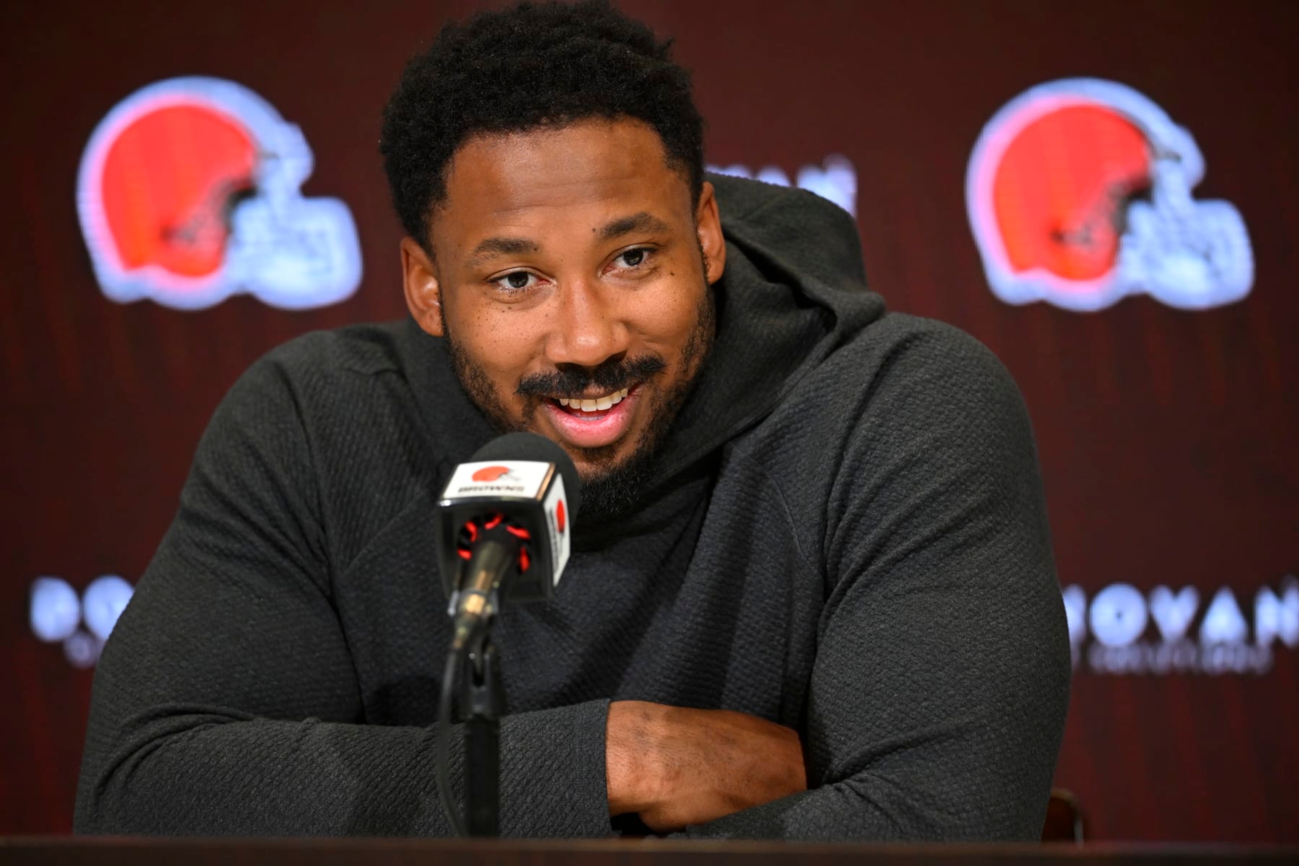 Cleveland Browns defensive end Myles Garrett speaks with the media during an NFL football news conference at the team's practice facility in Berea, Ohio, Tuesday, April 18, 2023. (AP Photo/David Richard) Cleveland Browns defensive end Myles Garrett speaks with the media during an NFL football news conference at the team's practice facility in Berea, Ohio, Tuesday, April 18, 2023. (AP Photo/David Richard)