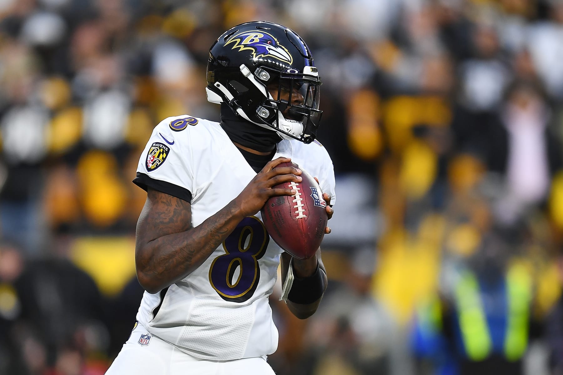 PITTSBURGH, PA - DECEMBER 05:  Lamar Jackson #8 of the Baltimore Ravens in action during the game against the Pittsburgh Steelers at Heinz Field on December 5, 2021 in Pittsburgh, Pennsylvania. (Photo by Joe Sargent/Getty Images)