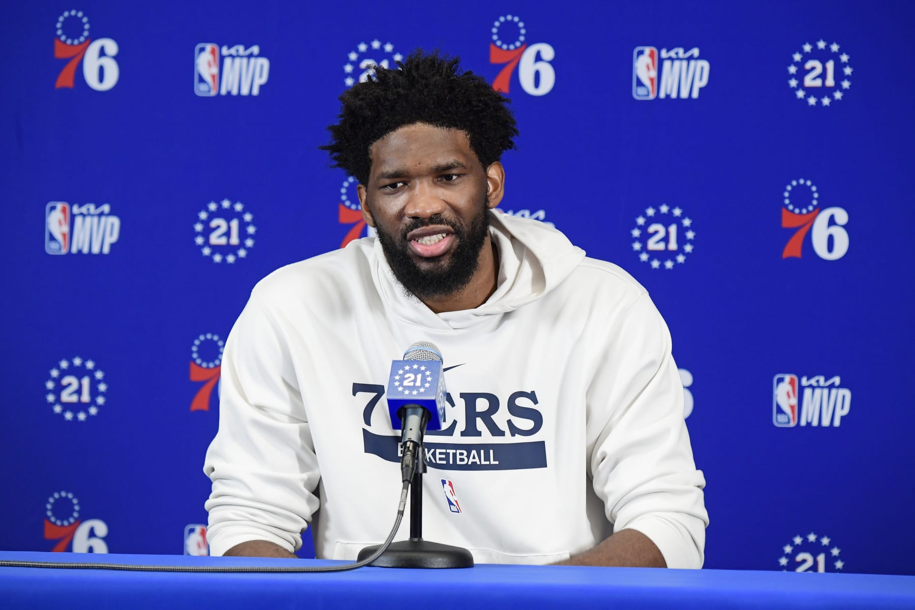 BOSTON, MA - MAY 2: Joel Embiid #21 of the Philadelphia 76ers speaks to the media during a press conference after being award the KIA NBA Most Valuable Player Award on May 2, 2023 at the TD Garden in Boston, Massachusetts. NOTE TO USER: User expressly acknowledges and agrees that, by downloading and or using this photograph, User is consenting to the terms and conditions of the Getty Images License Agreement. Mandatory Copyright Notice: Copyright 2023 NBAE  (Photo by Brian Babineau/NBAE via Getty Images)