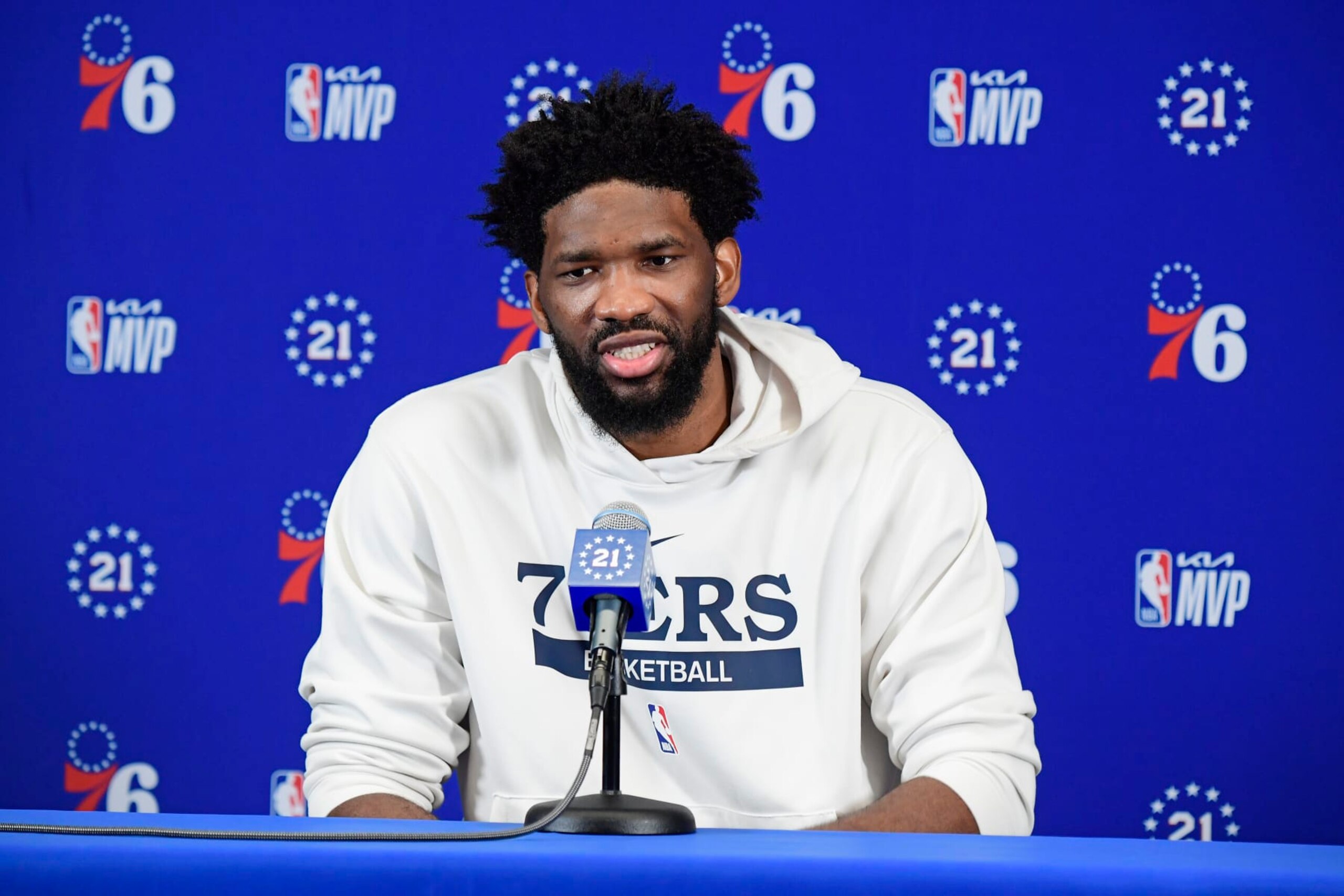 BOSTON, MA - MAY 2: Joel Embiid #21 of the Philadelphia 76ers speaks to the media during a press conference after being award the KIA NBA Most Valuable Player Award on May 2, 2023 at the TD Garden in Boston, Massachusetts. NOTE TO USER: User expressly acknowledges and agrees that, by downloading and or using this photograph, User is consenting to the terms and conditions of the Getty Images License Agreement. Mandatory Copyright Notice: Copyright 2023 NBAE  (Photo by Brian Babineau/NBAE via Getty Images)