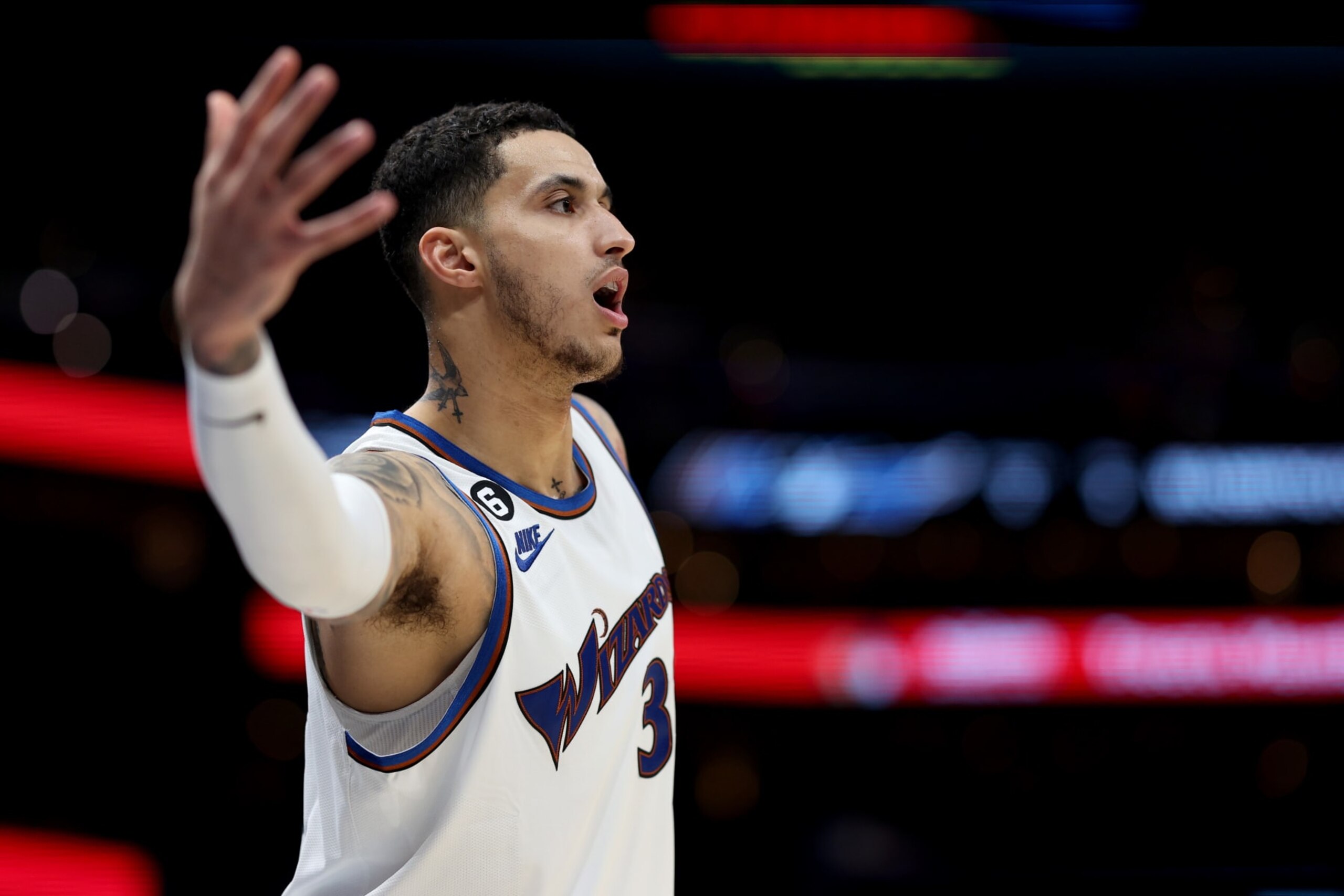 WASHINGTON, DC - MARCH 10: Kyle Kuzma #33 of the Washington Wizards motions for the ball against the Atlanta Hawks n the second half at Capital One Arena on March 10, 2023 in Washington, DC. NOTE TO USER: User expressly acknowledges and agrees that, by downloading and or using this photograph, User is consenting to the terms and conditions of the Getty Images License Agreement. (Photo by Rob Carr/Getty Images)