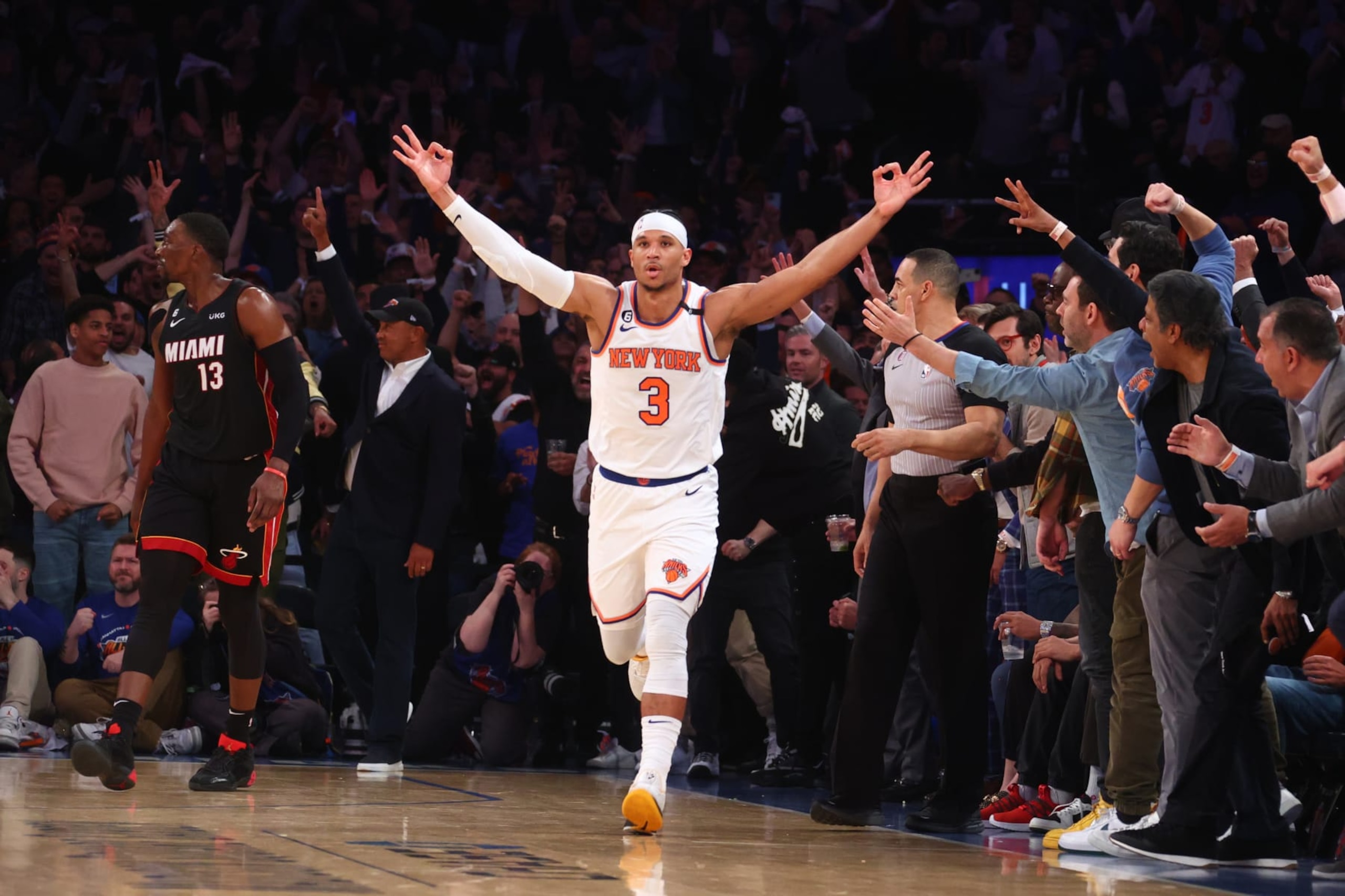 NEW YORK, NY - MAY 2: Josh Hart #3 of the New York Knicks celebrates a three point basket during Game Two of the Eastern Conference Semi-Finals 2023 NBA Playoffs against the Miami Heat on May 2, 2023 at Madison Square Garden in New York City, New York.  NOTE TO USER: User expressly acknowledges and agrees that, by downloading and or using this photograph, User is consenting to the terms and conditions of the Getty Images License Agreement. Mandatory Copyright Notice: Copyright 2023 NBAE  (Photo by Nathaniel S. Butler/NBAE via Getty Images)