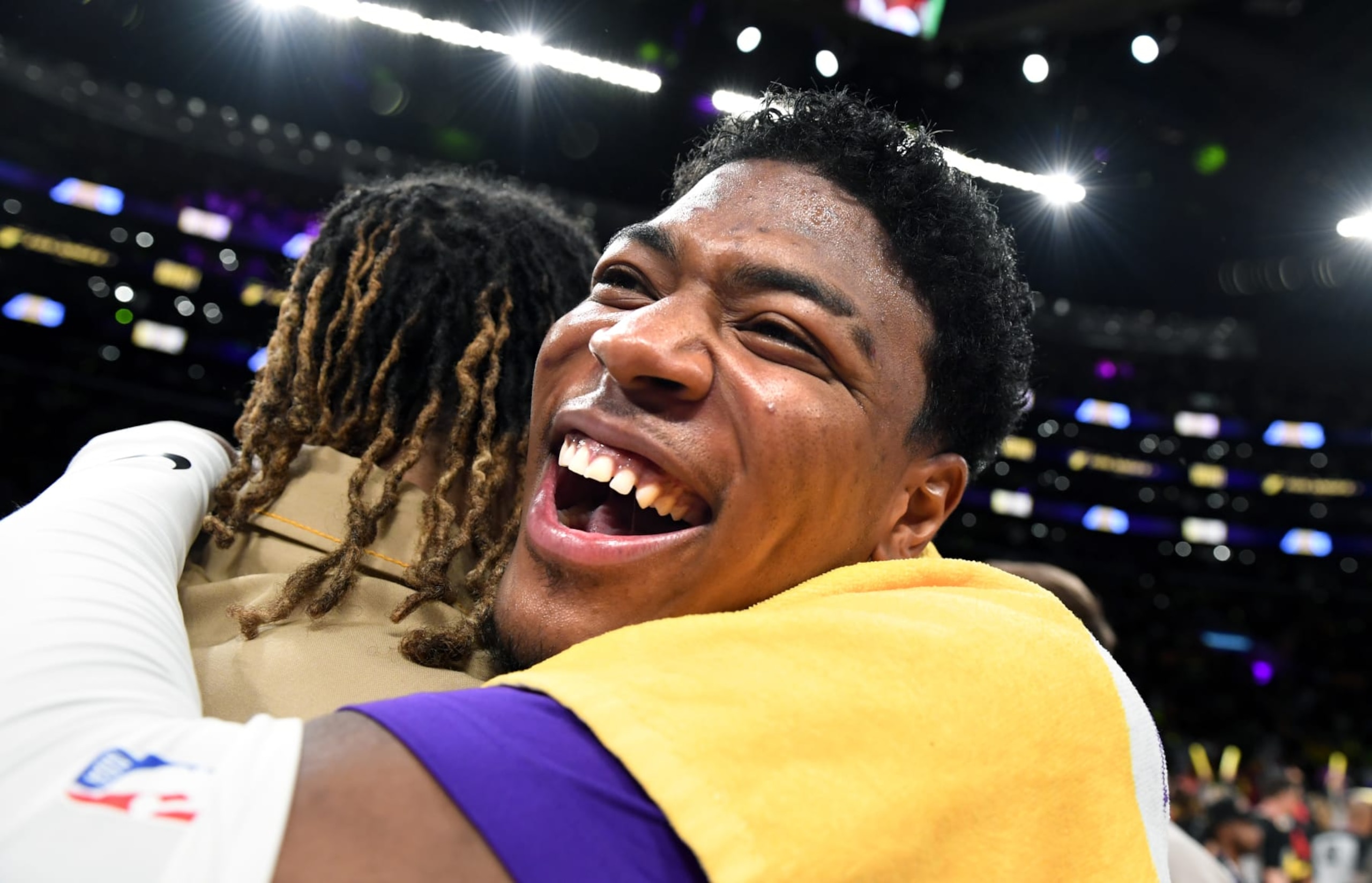 Los Angeles, California  April 28, 2023-Lakers Rui Hachimura celebrates his teams win over the Grizzlies in Game 6 of the NBA playoffs at Crypto.com arena Friday. No foul was called on the play. (Wally Skalij/Los Angeles Times via Getty Images)