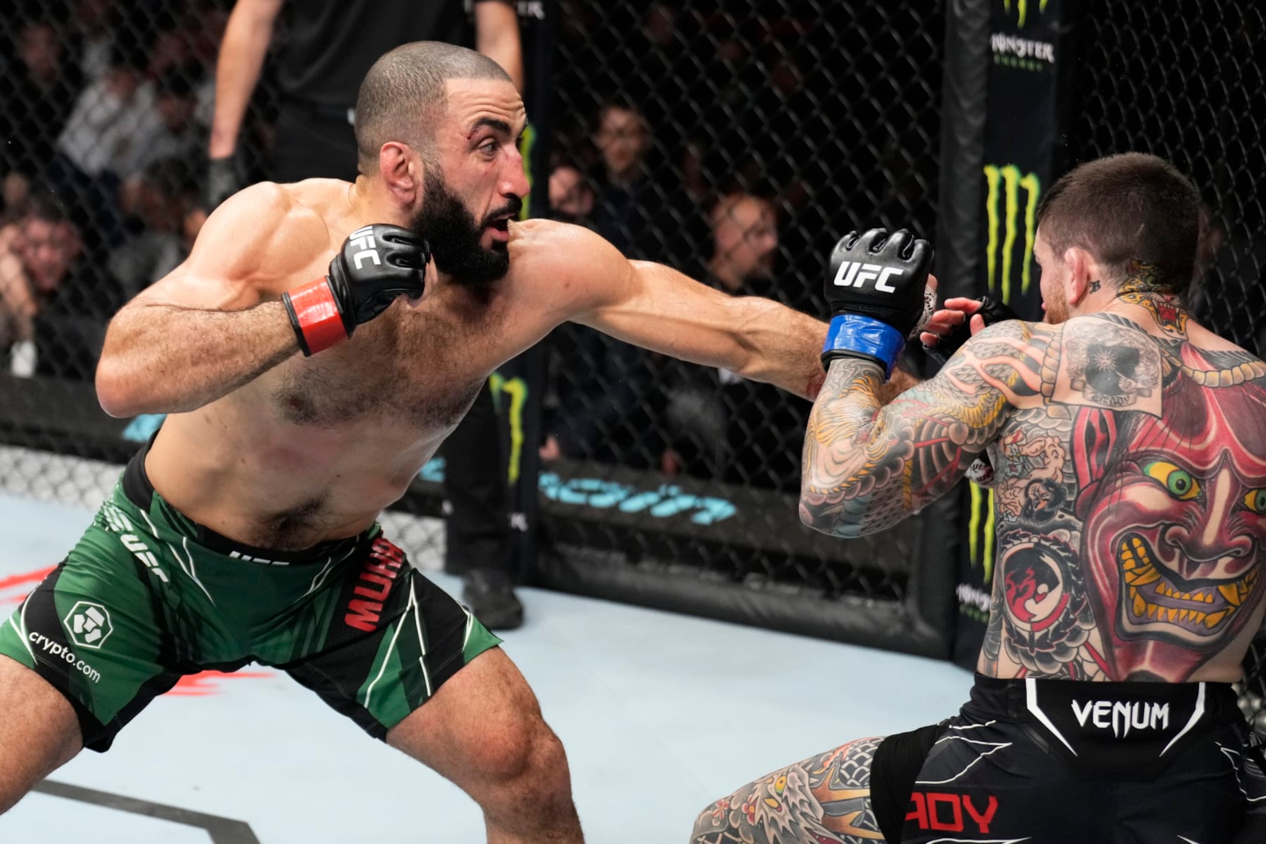 ABU DHABI, UNITED ARAB EMIRATES - OCTOBER 22: (L-R) Belal Muhammad punches Sean Brady in a welterweight fight during the UFC 280 event at Etihad Arena on October 22, 2022 in Abu Dhabi, United Arab Emirates. (Photo by Chris Unger/Zuffa LLC)