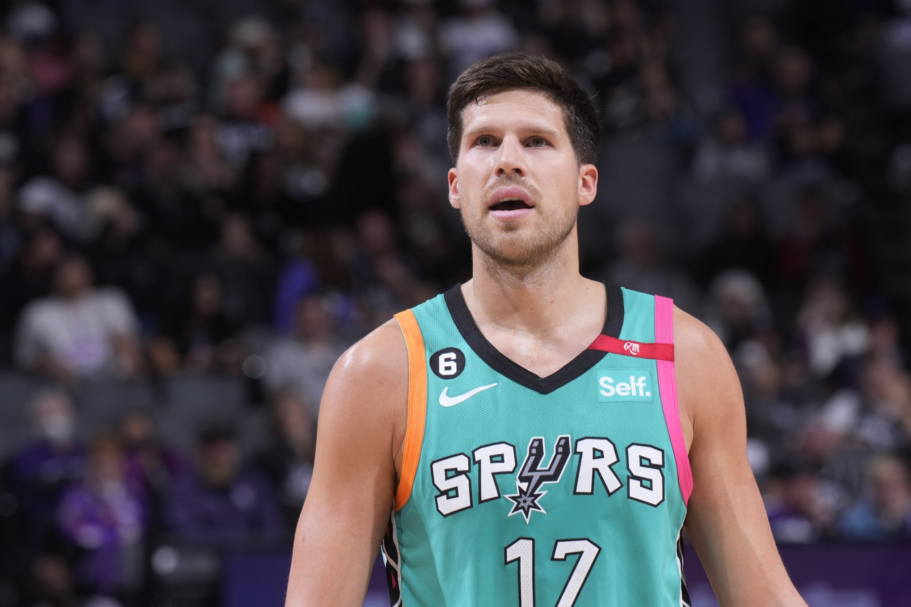 SACRAMENTO, CA - APRIL 2: Doug McDermott #17 of the San Antonio Spurs looks on during the game against the Sacramento Kings on April 2, 2023 at Golden 1 Center in Sacramento, California. NOTE TO USER: User expressly acknowledges and agrees that, by downloading and or using this photograph, User is consenting to the terms and conditions of the Getty Images Agreement. Mandatory Copyright Notice: Copyright 2023 NBAE (Photo by Rocky Widner/NBAE via Getty Images)