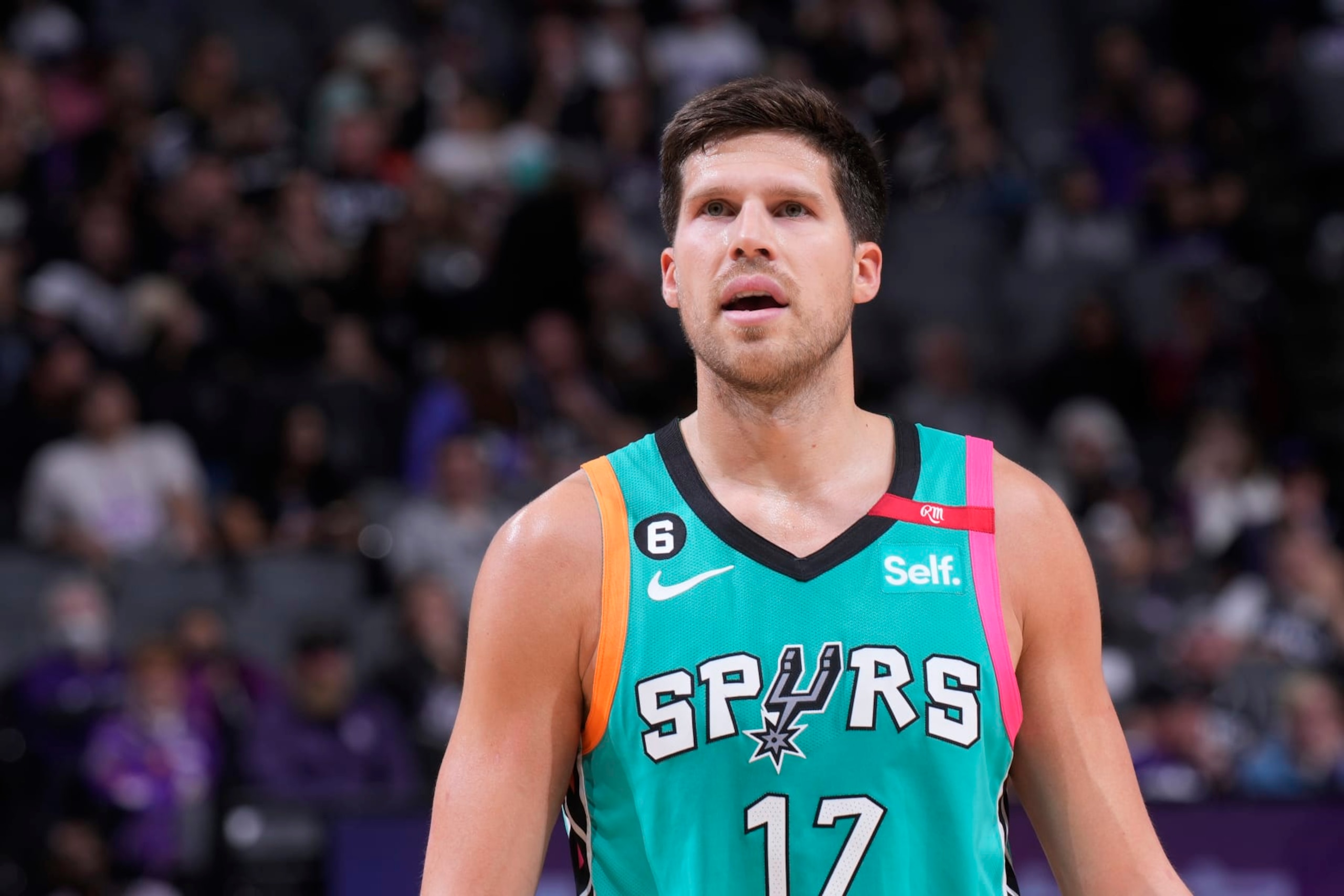 SACRAMENTO, CA - APRIL 2: Doug McDermott #17 of the San Antonio Spurs looks on during the game against the Sacramento Kings on April 2, 2023 at Golden 1 Center in Sacramento, California. NOTE TO USER: User expressly acknowledges and agrees that, by downloading and or using this photograph, User is consenting to the terms and conditions of the Getty Images Agreement. Mandatory Copyright Notice: Copyright 2023 NBAE (Photo by Rocky Widner/NBAE via Getty Images)